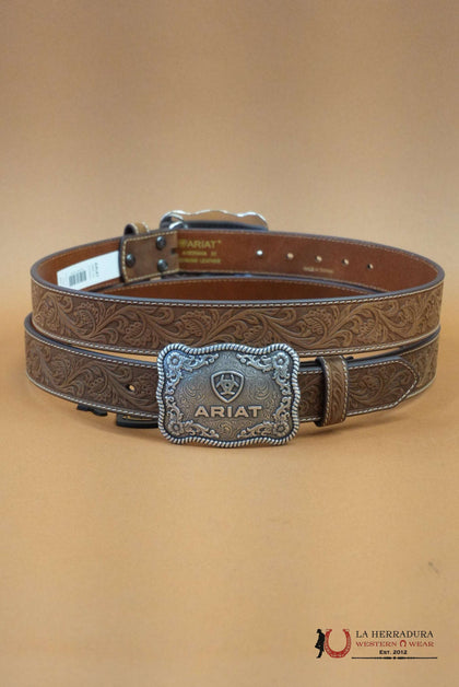 CINTURÓN ARIAT GRABADO A MANO ARENA HEBILLA PLATEADA