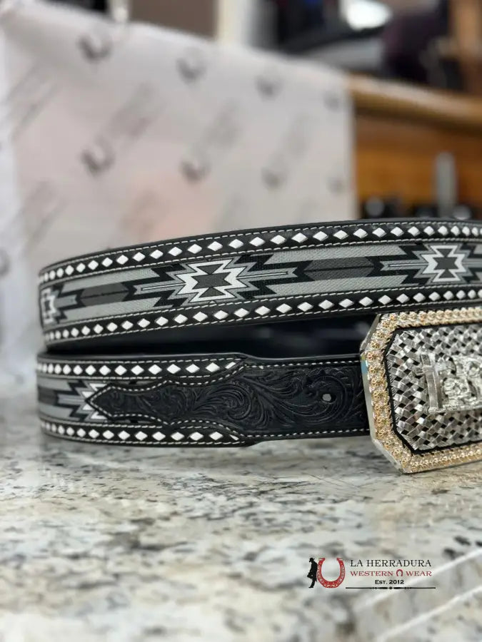 Ariat Black & White Aztec Stitch Belt Cinturones Hombres