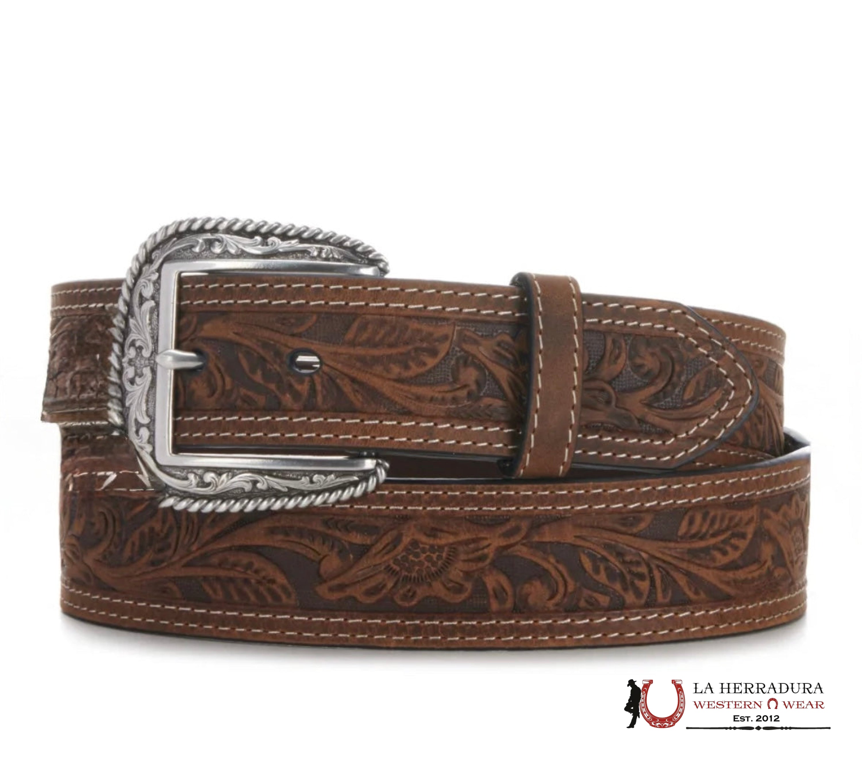 Ariat Brown Tooled Double Stitched Men’s Western Belt CINTURONES HOMBRES