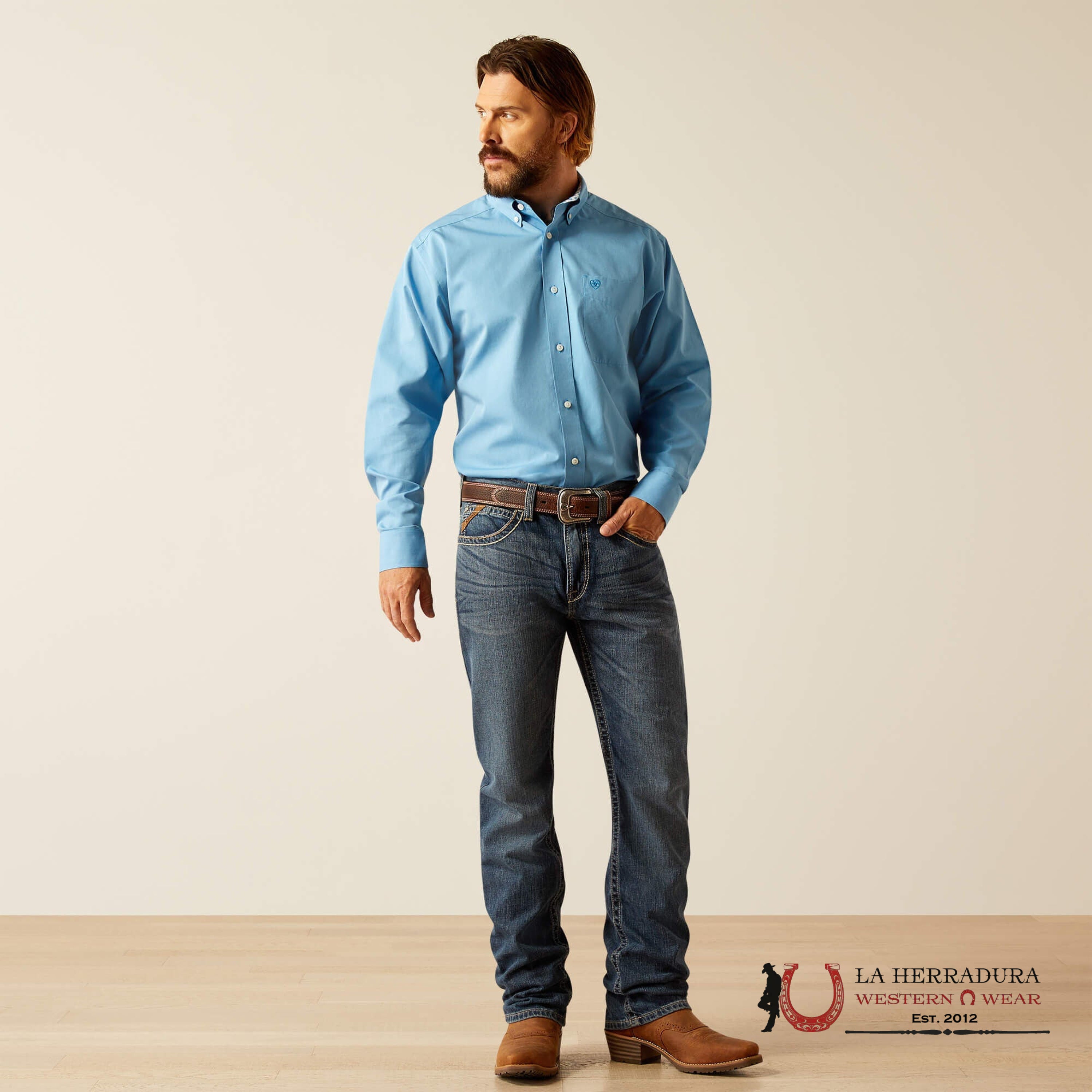 Ariat Classic Fit Wrinkle Free Solid Blue Long Sleeve Shirt Ropa Hombres