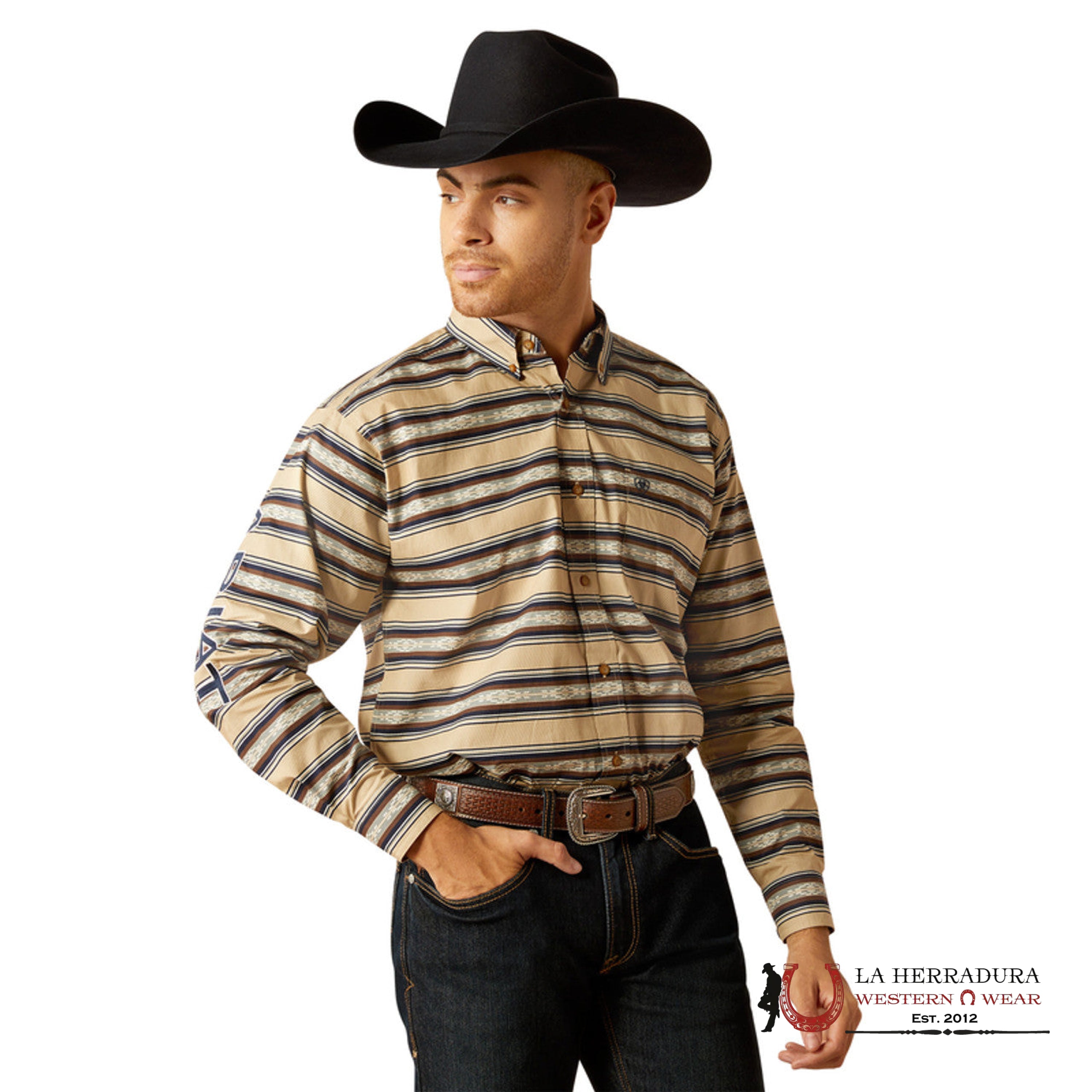 Ariat Classic Korbyn Tan Vavy Blue Long Sleeve Shirt Ropa Hombres