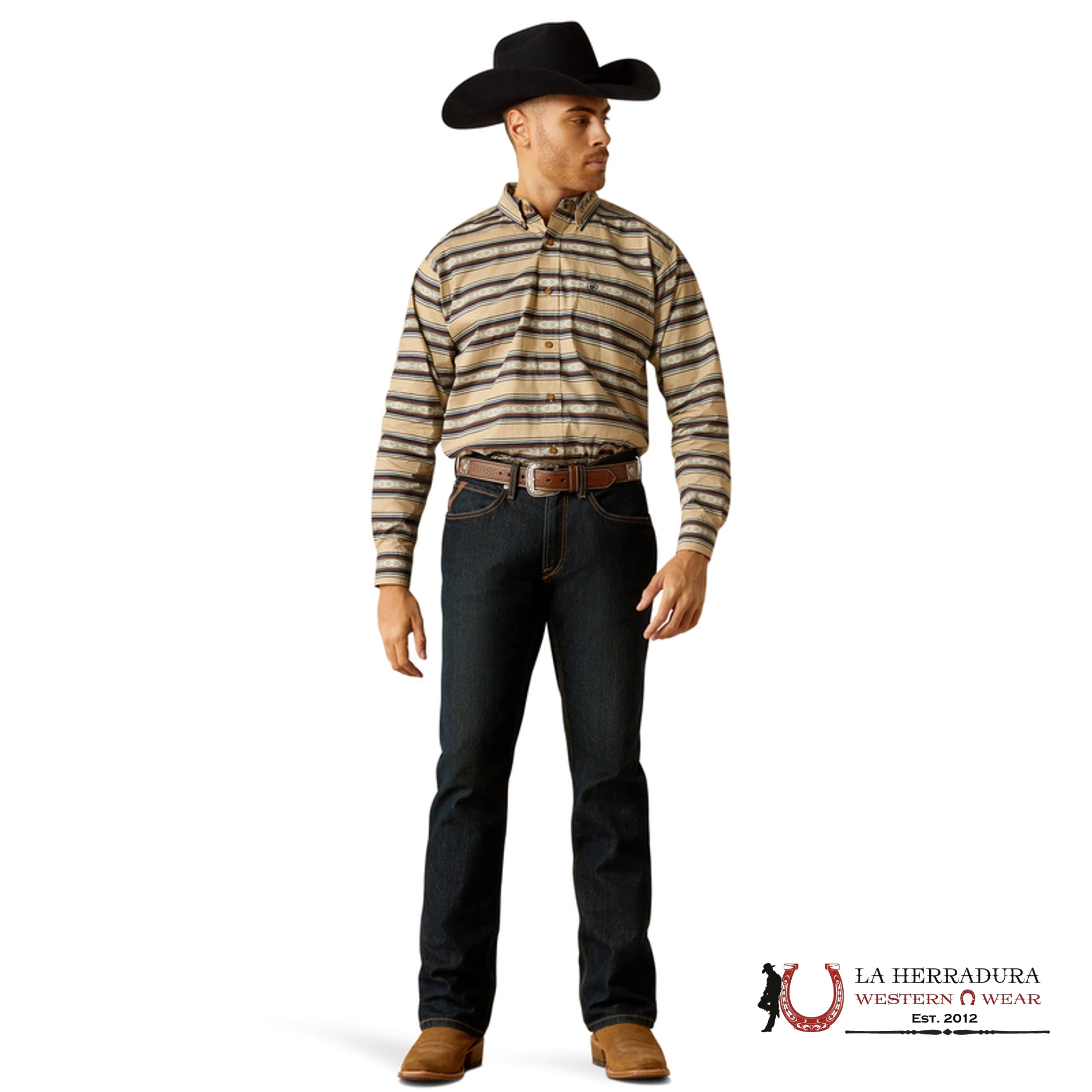 Ariat Classic Korbyn Tan Vavy Blue Long Sleeve Shirt Ropa Hombres