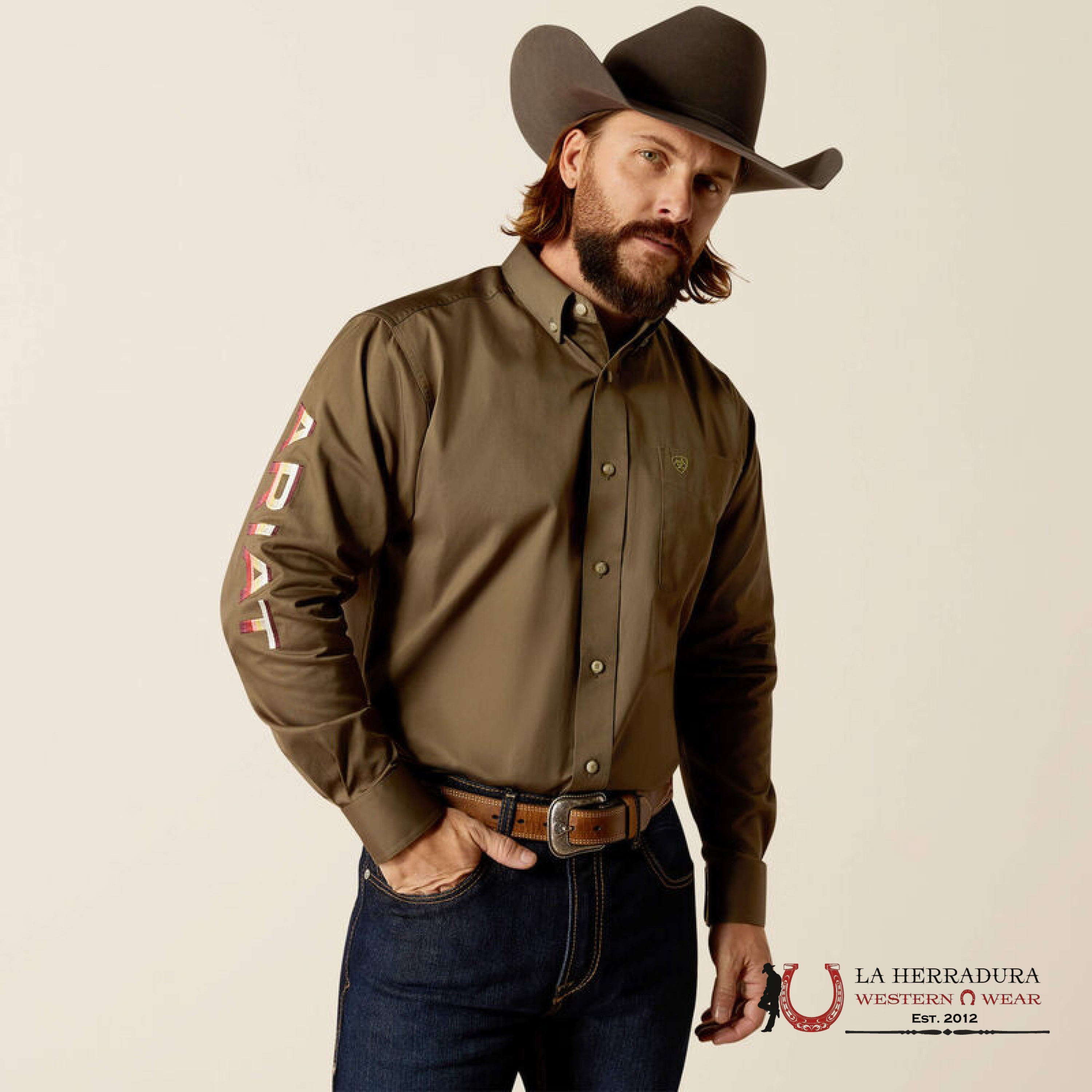 Ariat Classic Team Logo Olive Gree/Orange Long Sleeve Shirt-2824 Ropa Hombres