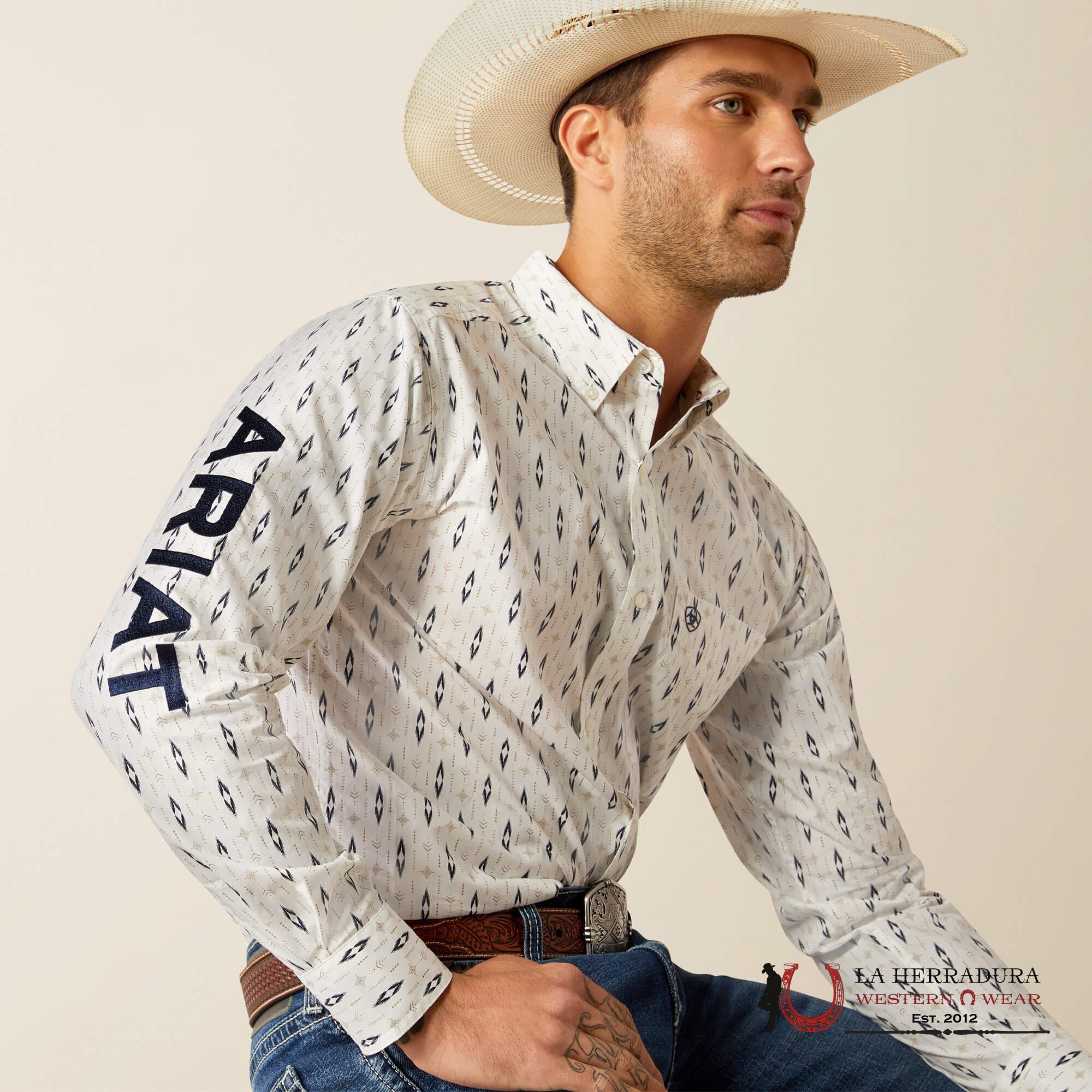 Ariat Fitted Team Perkins Long Sleeve Shirt White/Navy -4728 Ropa Hombres