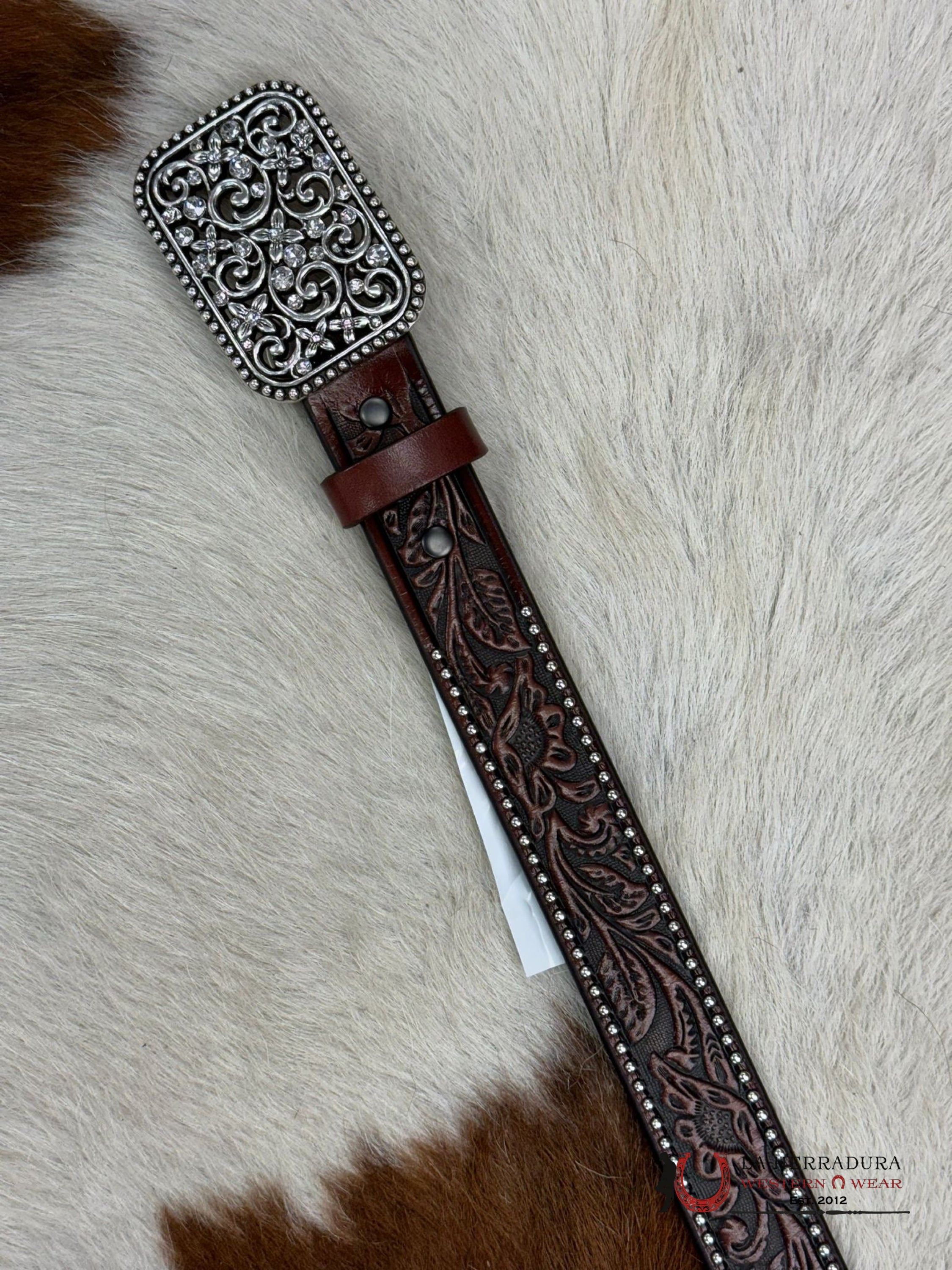 Ariat Girl Belt Dark Brown Hand Tooled Embellish Buckle Niños