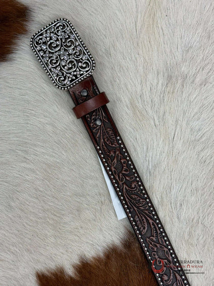 ARIAT GIRL BELT DARK BROWN HAND TOOLED EMBELLISH BUCKLE- A1303602