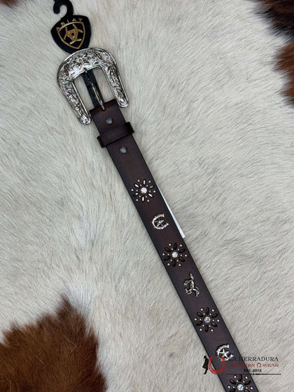 ARIAT GIRL BELT PECAN WESTERN EMBELLISH FLOWER BUCKLE- A1305202