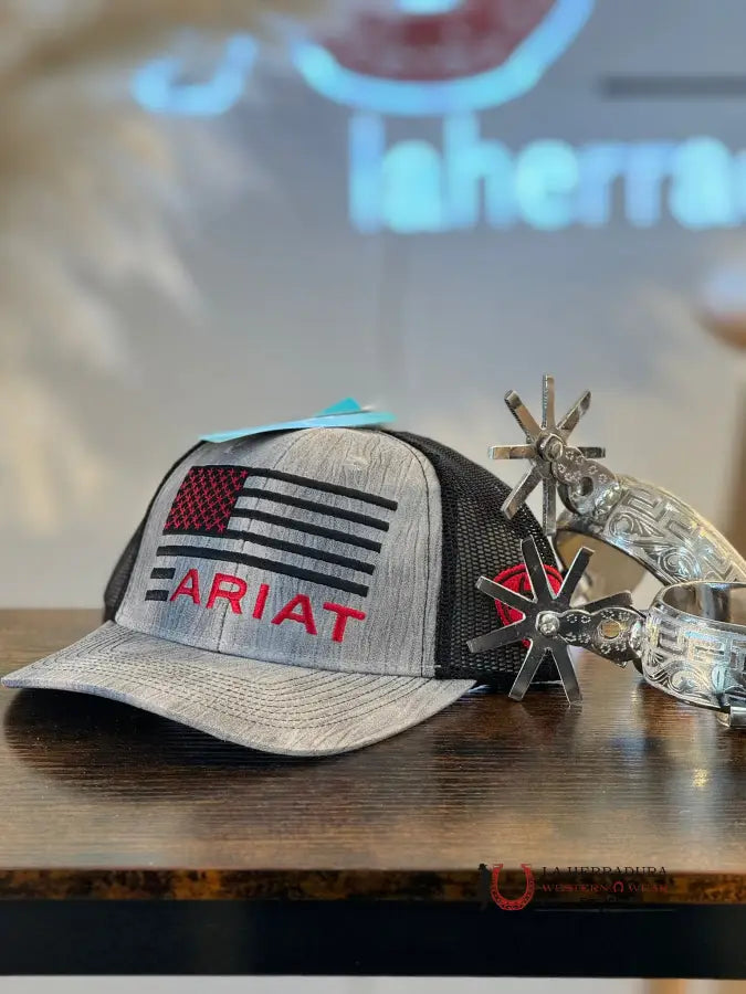 Ariat Grey Flag Red Cap Caps Mens Gorras Hombres