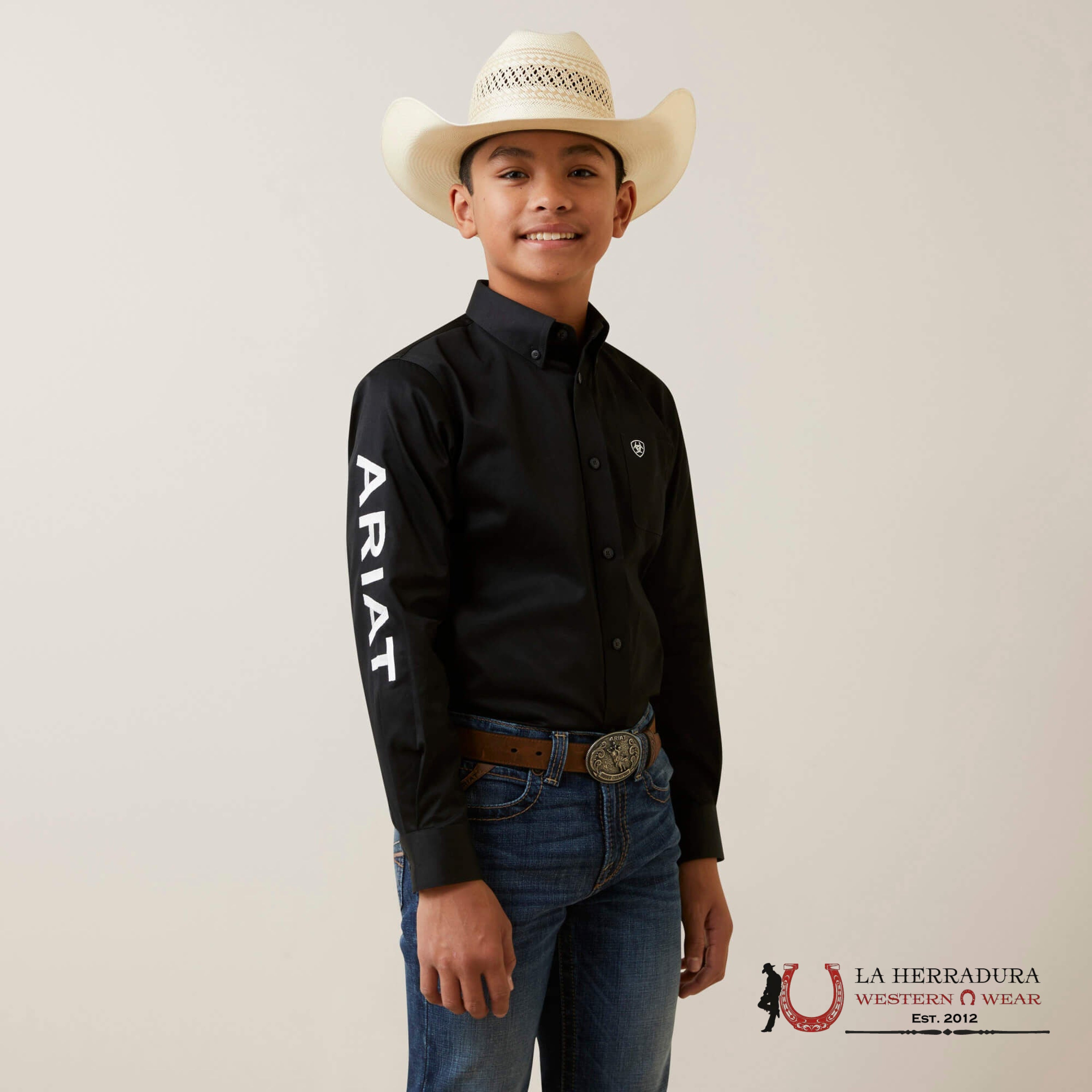 ARIAT KIDS SHIRT -BOYS BLACK/WHITE TEAM LOGO TWILL LS 10045426 NIÑOS