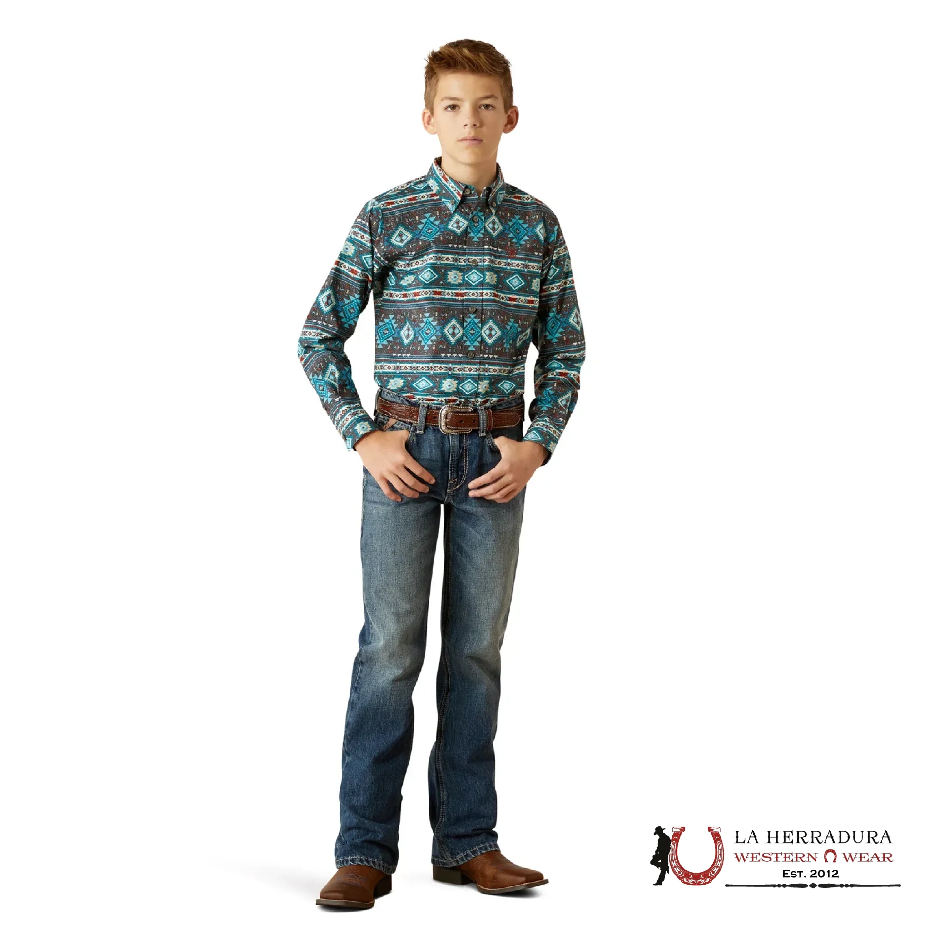 ARIAT KIDS SHIRT -BOYS TEAL PRESCTOT LS 10054072 NIÑOS