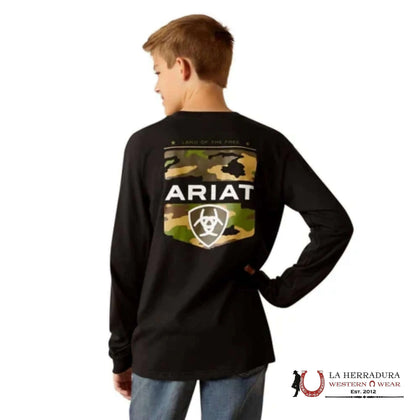 ARIAT KIDS TSHIRT -BOYS BLACK LOTF CAMO SHIELD LS 10052040