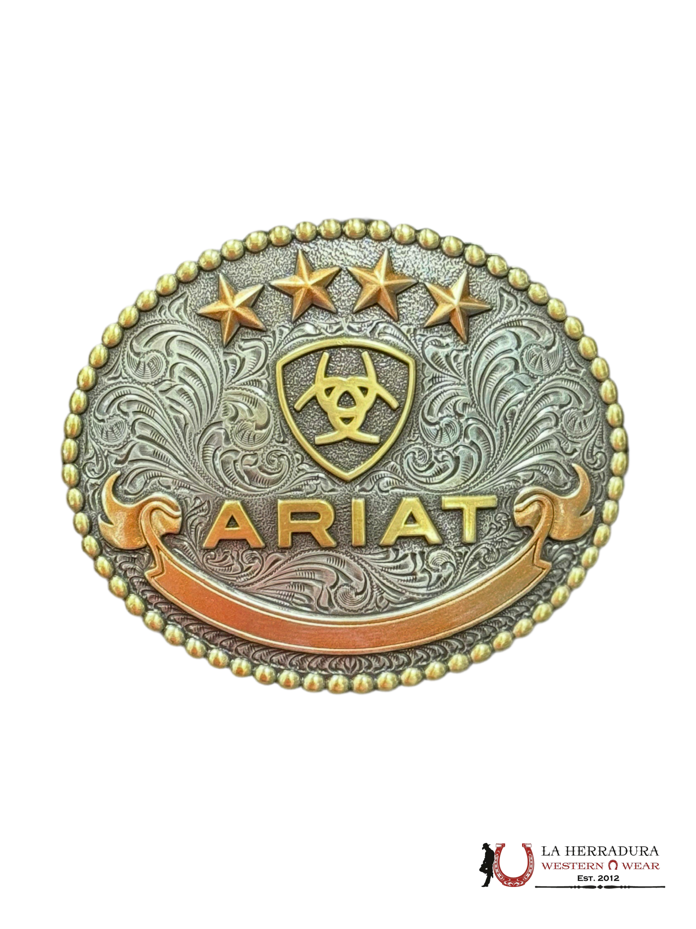 ARIAT LOGO GOLD AND ROSE GOLD DETAILS ROUND BUCKLE A37055 ACCESORIOS