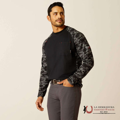 ARIAT MEN LONG SLEEVE FIRE STRETCH CAMO BASEBALL BLACK GREY CAMO 10052090