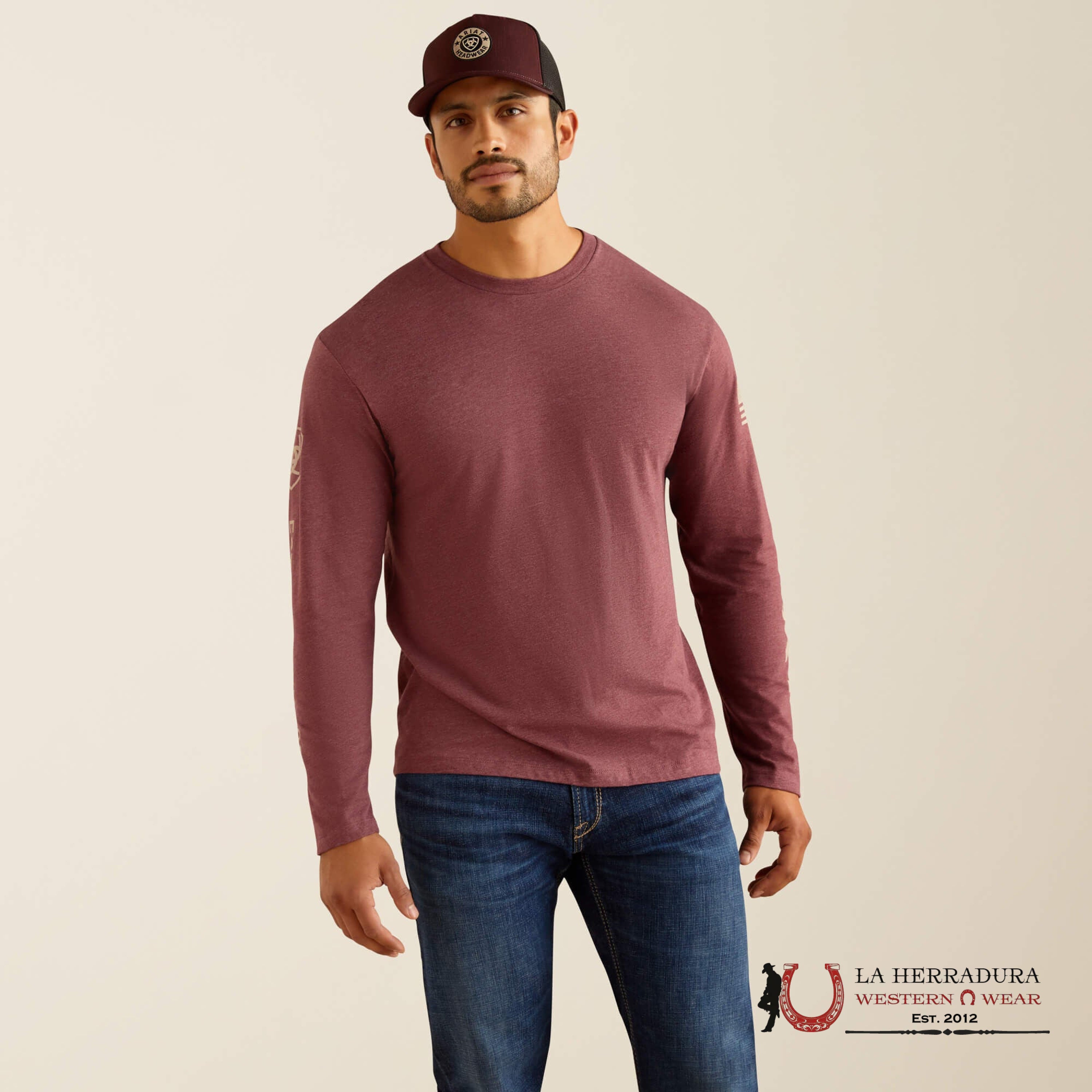 ARIAT MEN LONG SLEEVE T-SHIRT ELEVATED V2 BURGUNDY HEATHER 10054194 ROPA HOMBRES