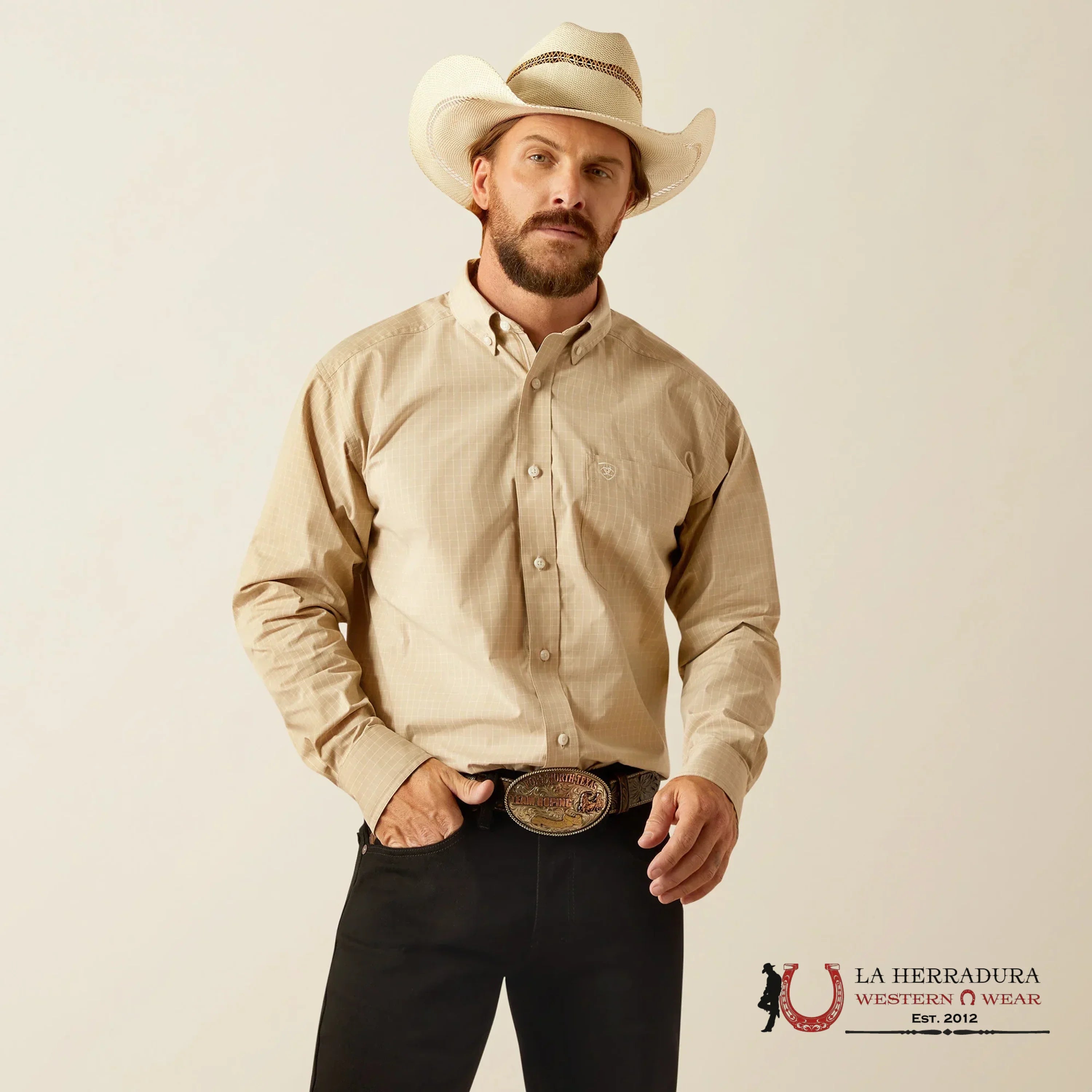 ARIAT TEAM Pro Cayson Long Sleeve Khaki Begie Shirt - 4675 ROPA HOMBRES