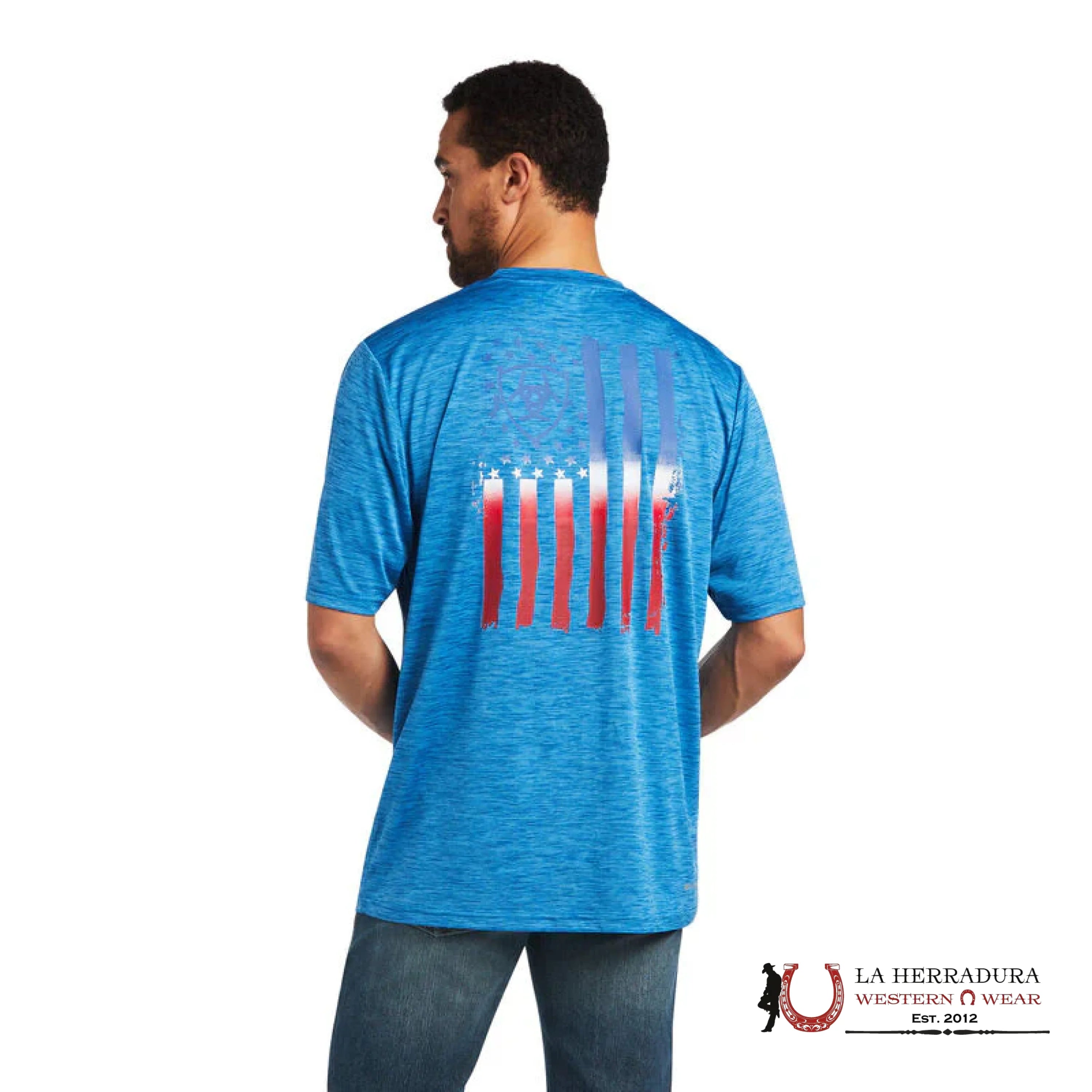 ARIAT MEN T-SHIRT CHARGER CRESTLINE BLUE AMERICAN FLAG ROPA HOMBRES