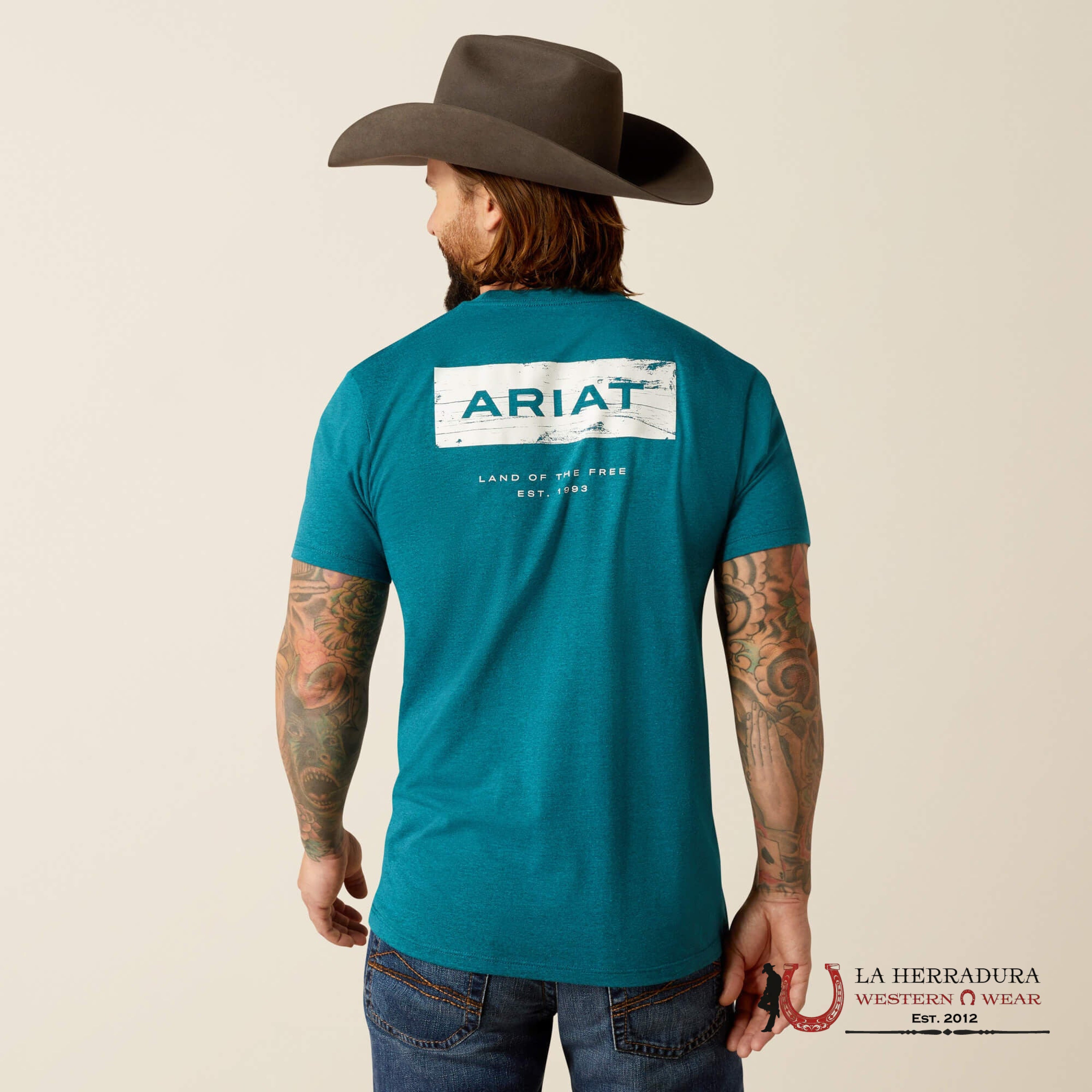 ARIAT MEN T-SHIRT STACKS CYAN BLACK HEATHER 10052036 ROPA HOMBRES