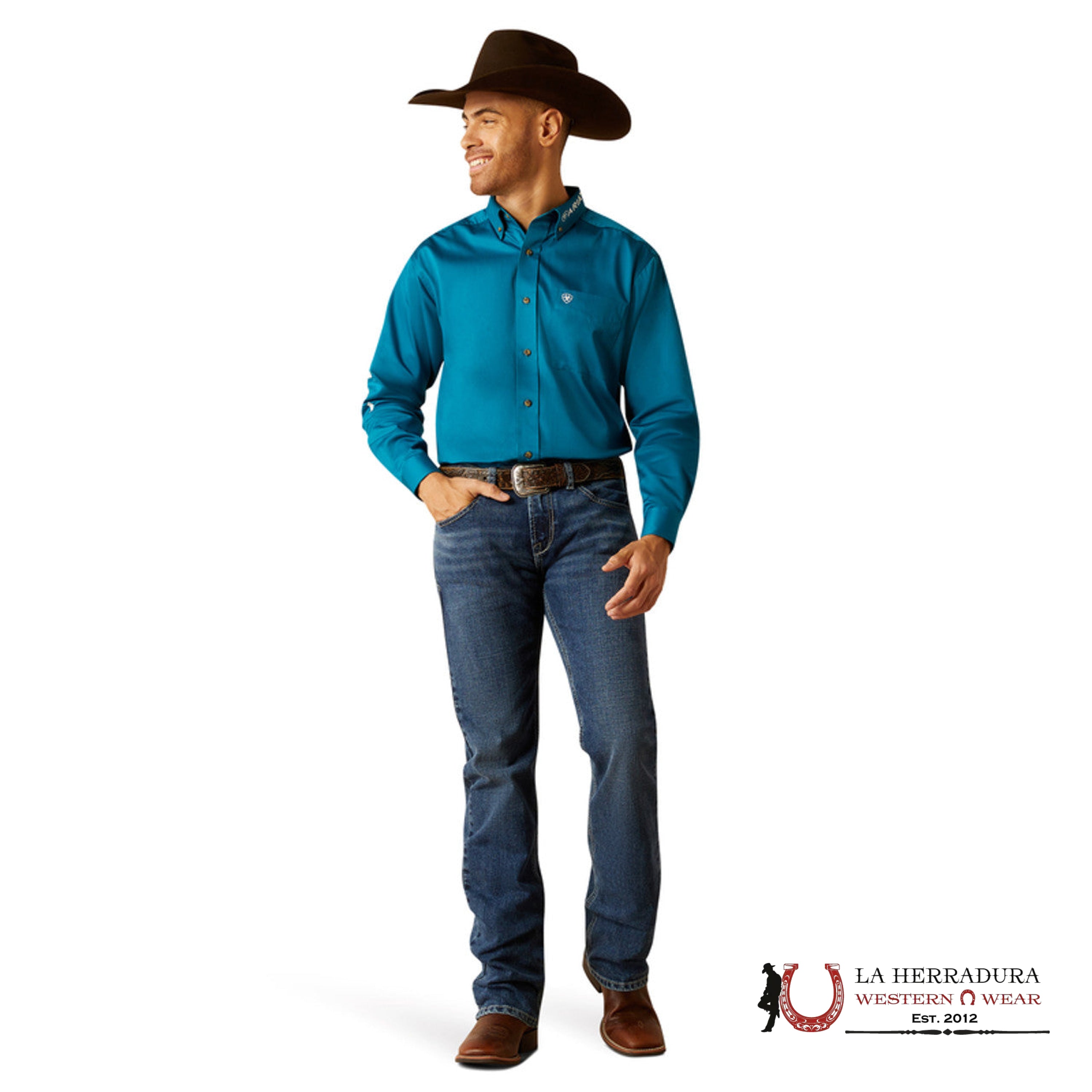 Ariat Clasic Team Logo Dark Teal White Long Sleeve Shirt Ropa Hombres