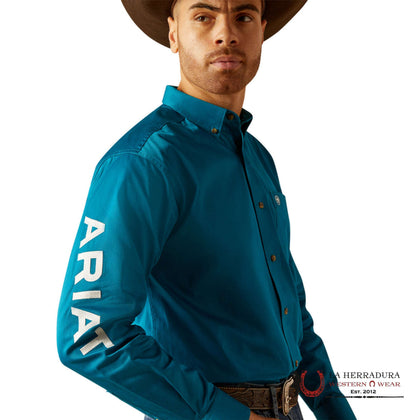 ARIAT MENS CLASIC TEAM LOGO DARK TEAL WHITE LONG SLEEVE SHIRT - 10052825