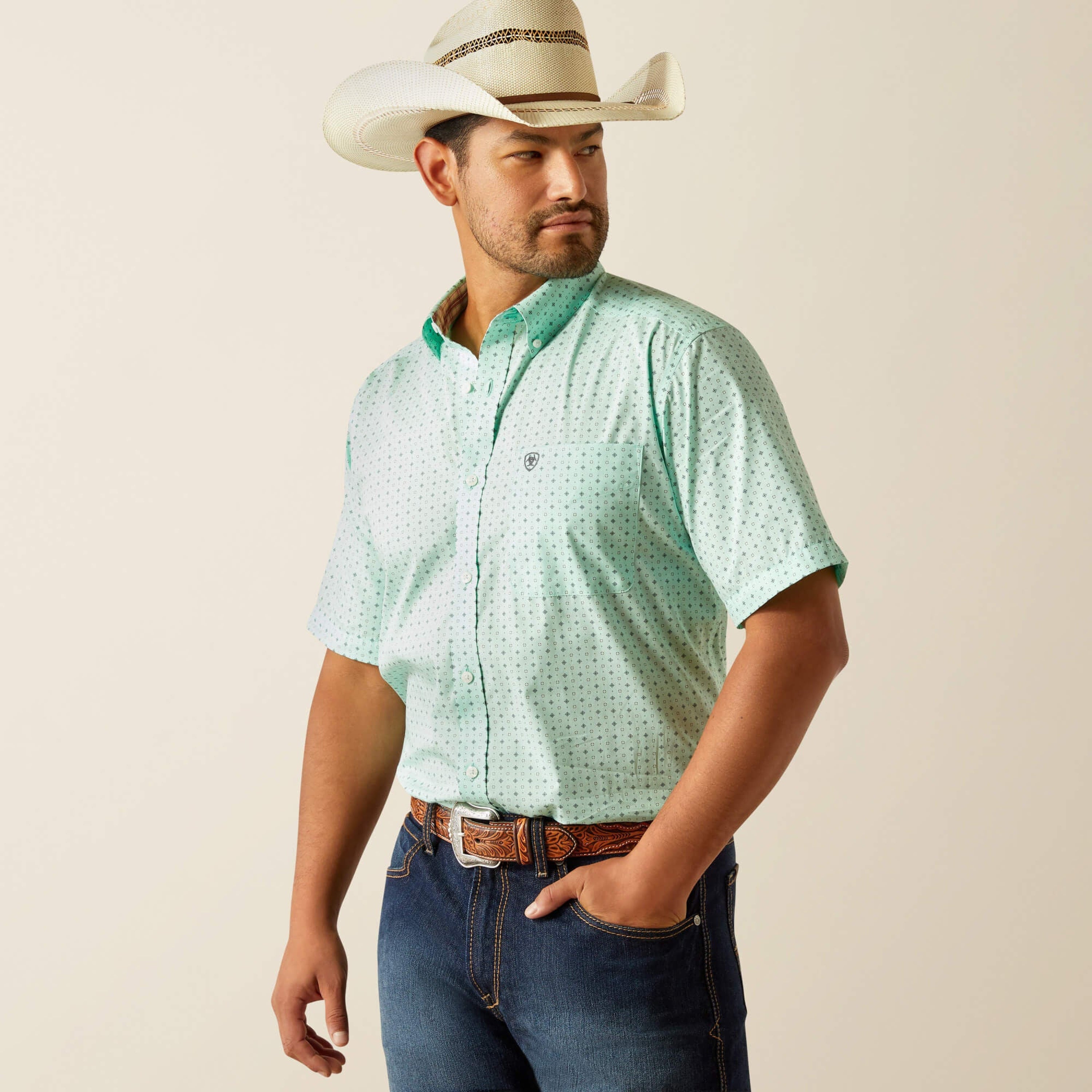 ARIAT MENS Ellis Aqua Short Sleeve Shirt - 8741 ROPA HOMBRES