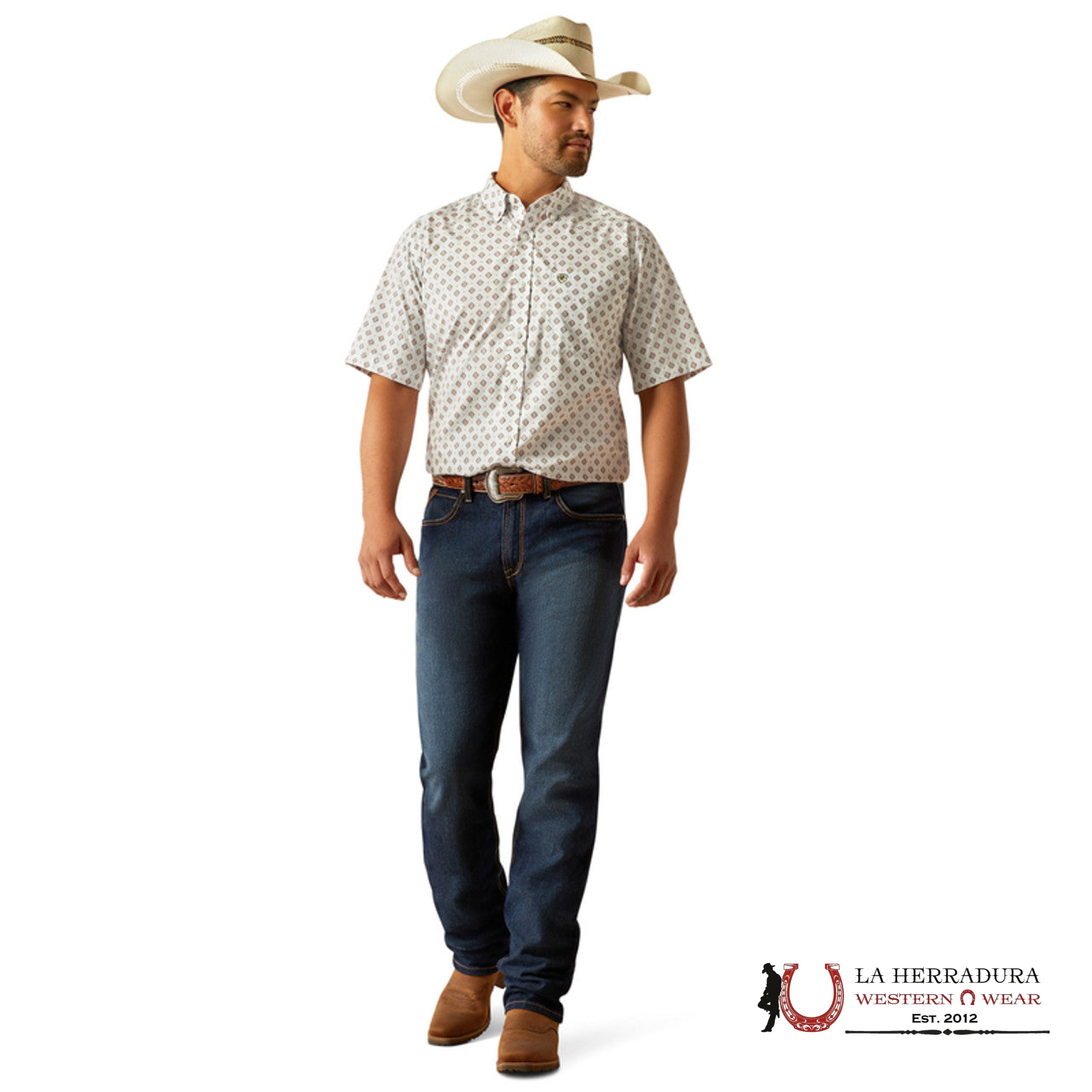 ARIAT MENS Evan White Short Sleeve With Aztec Print Shirt - 8742 ROPA HOMBRES