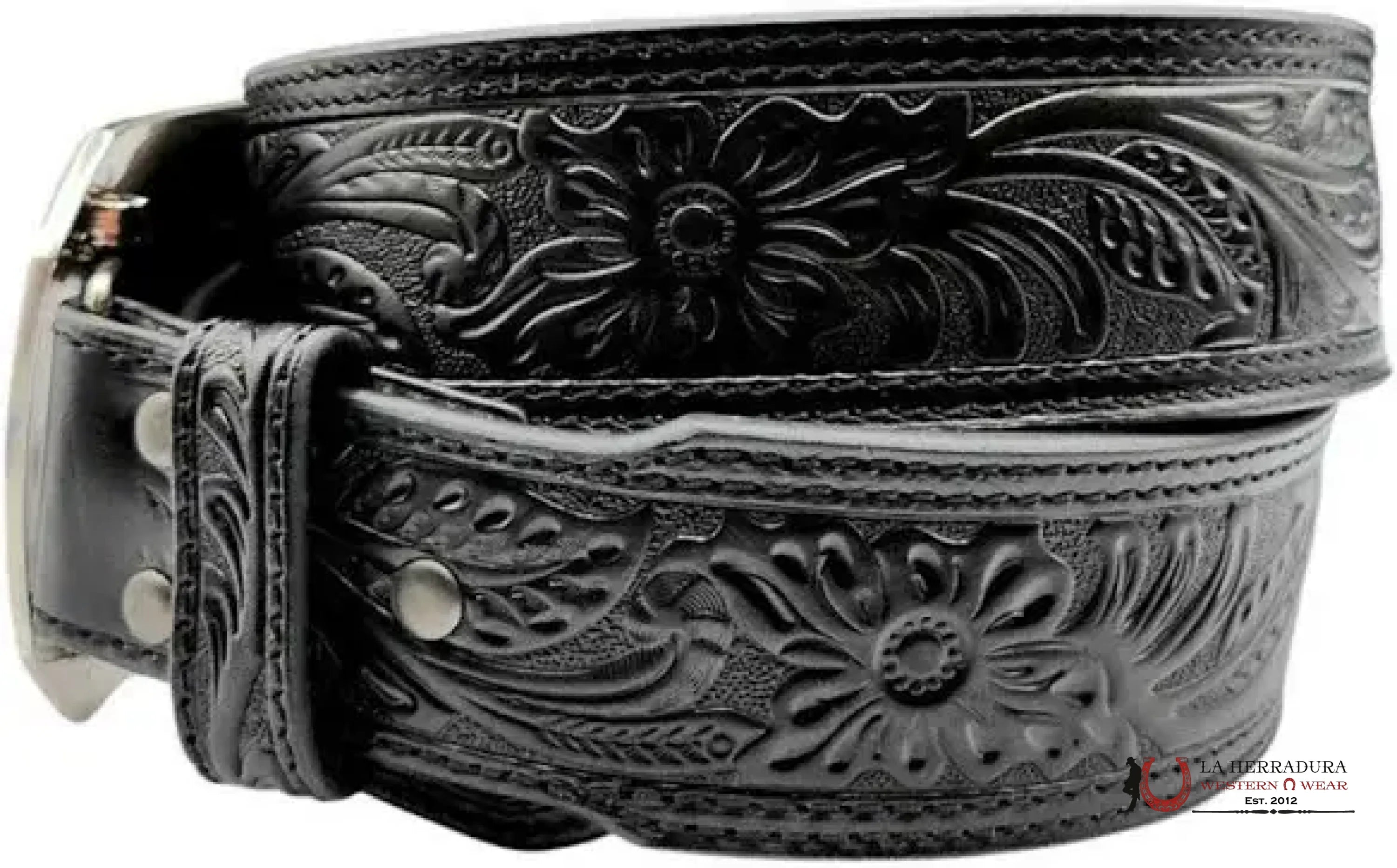 Ariat Mens Floral Embossed Black Belt & Bull Buckle Cinturones Hombres