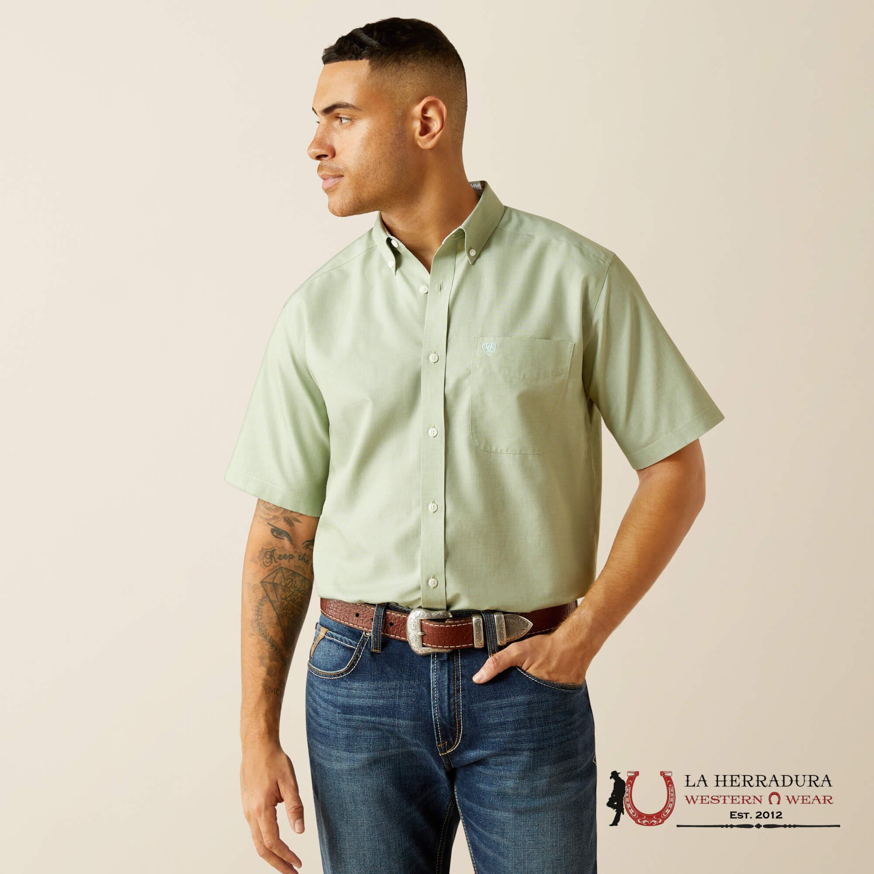 ARIAT MENS Solid Aqua Short Sleeve Shirt - 8980 ROPA HOMBRES