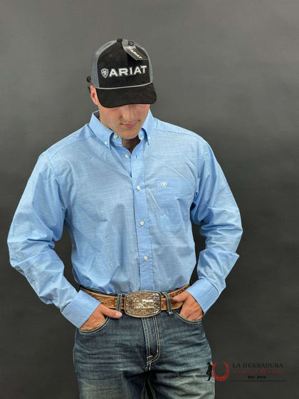 ARIAT MENS SOLID SLUB COAST AZURE BLUE LONG SLEEVE SHIRT- 1508