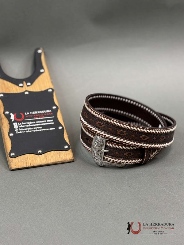 Cinturón Ariat de cuero marrón con costura de hebilla Southwest para hombre