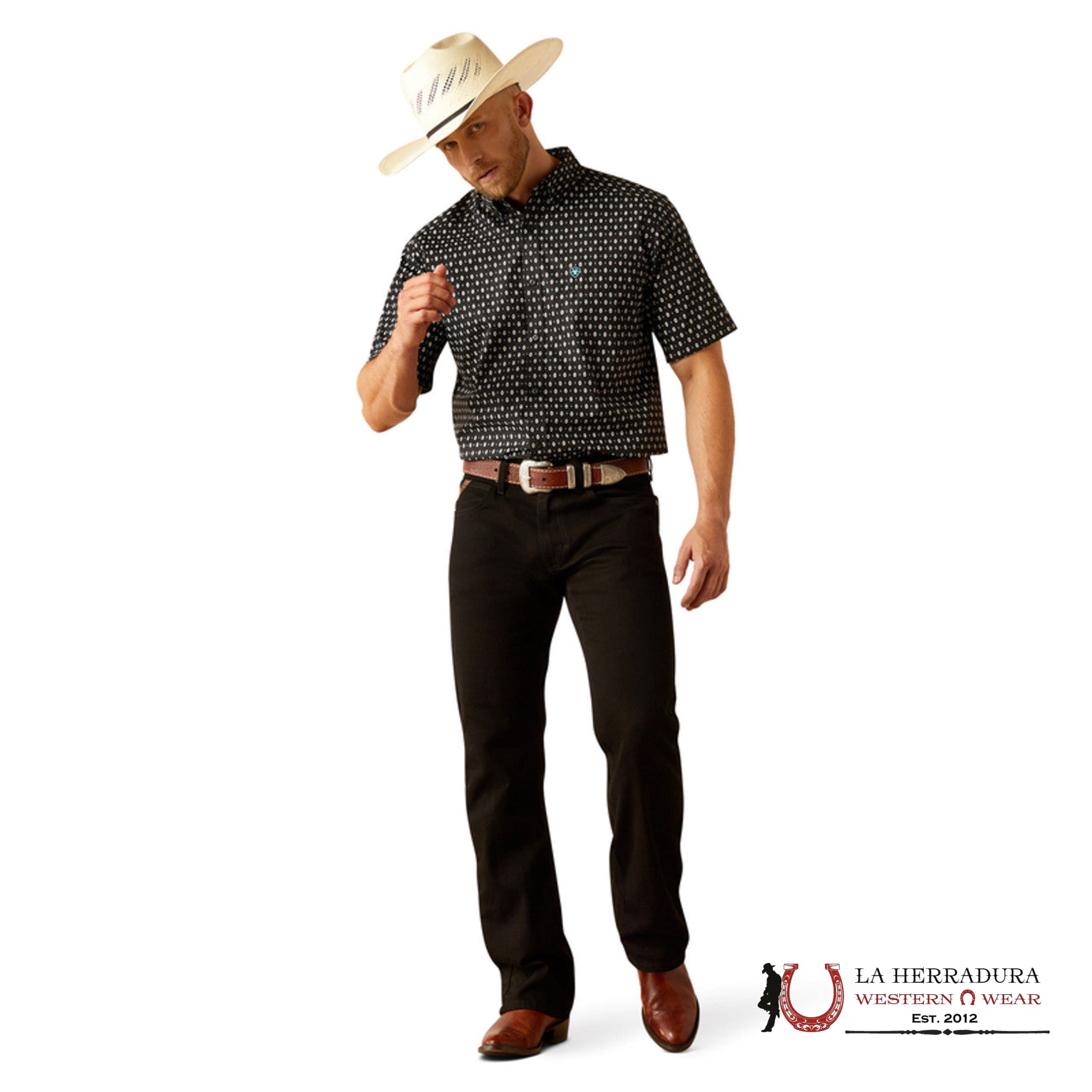 ARIAT MENS Steele Short Sleeve Black With Aztec Print Shirt - 9015 ROPA HOMBRES