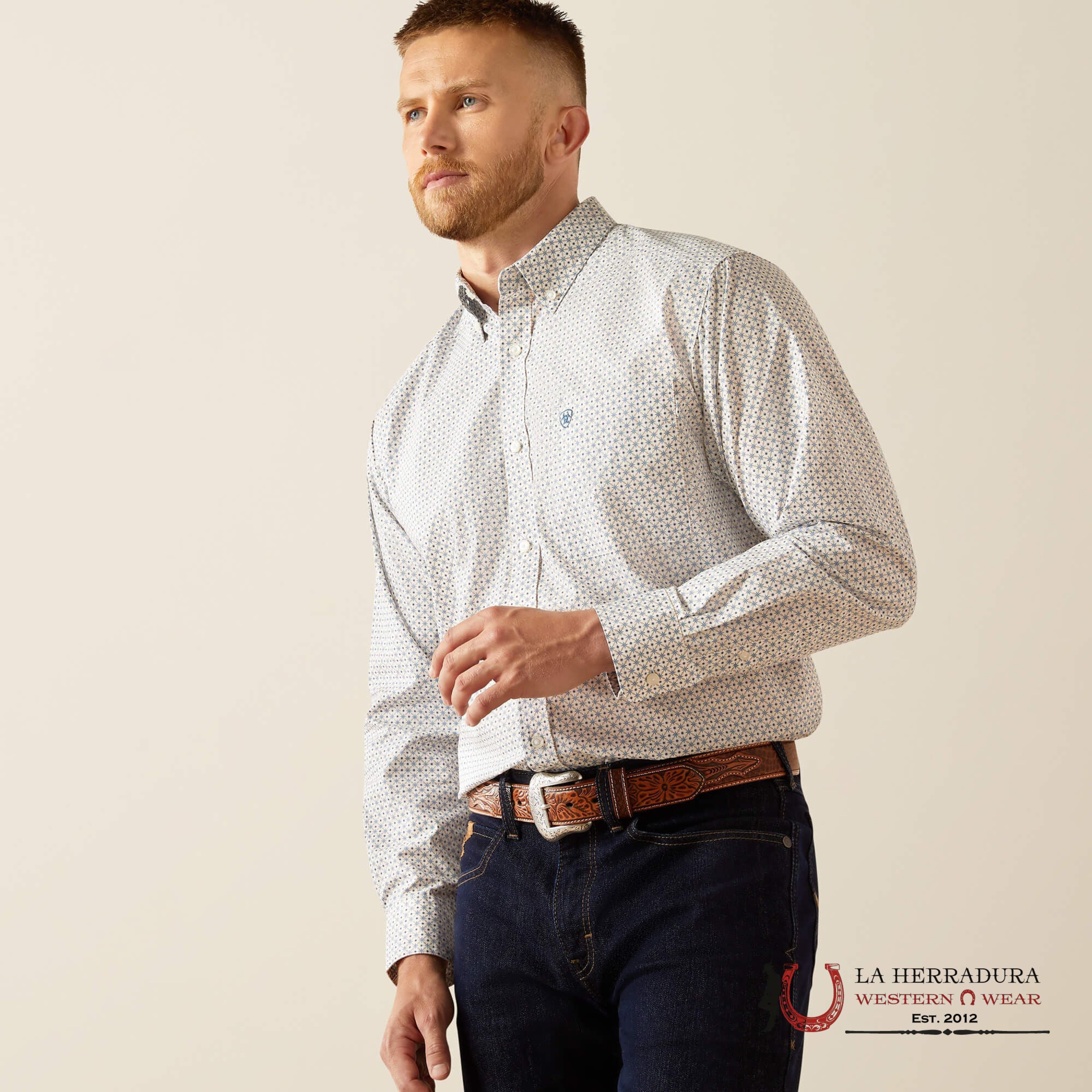 ARIAT MENS Sutton Khaki White Long Sleeve With Floral Print Shirt - 8968 ROPA HOMBRES