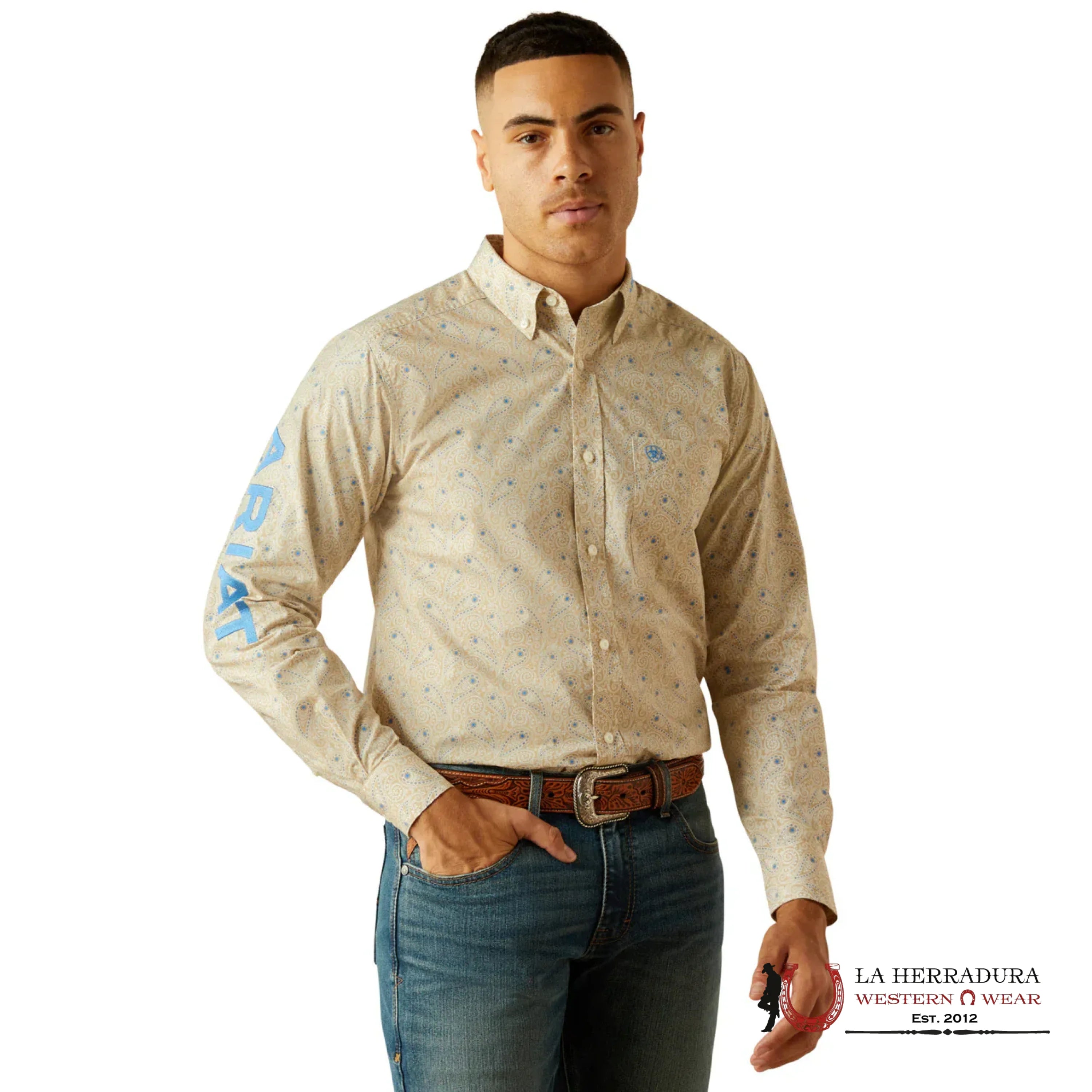 ARIAT MENS Team Alder Khaki Blue Long Sleeve Shirt Western Print - 8978 ROPA HOMBRES