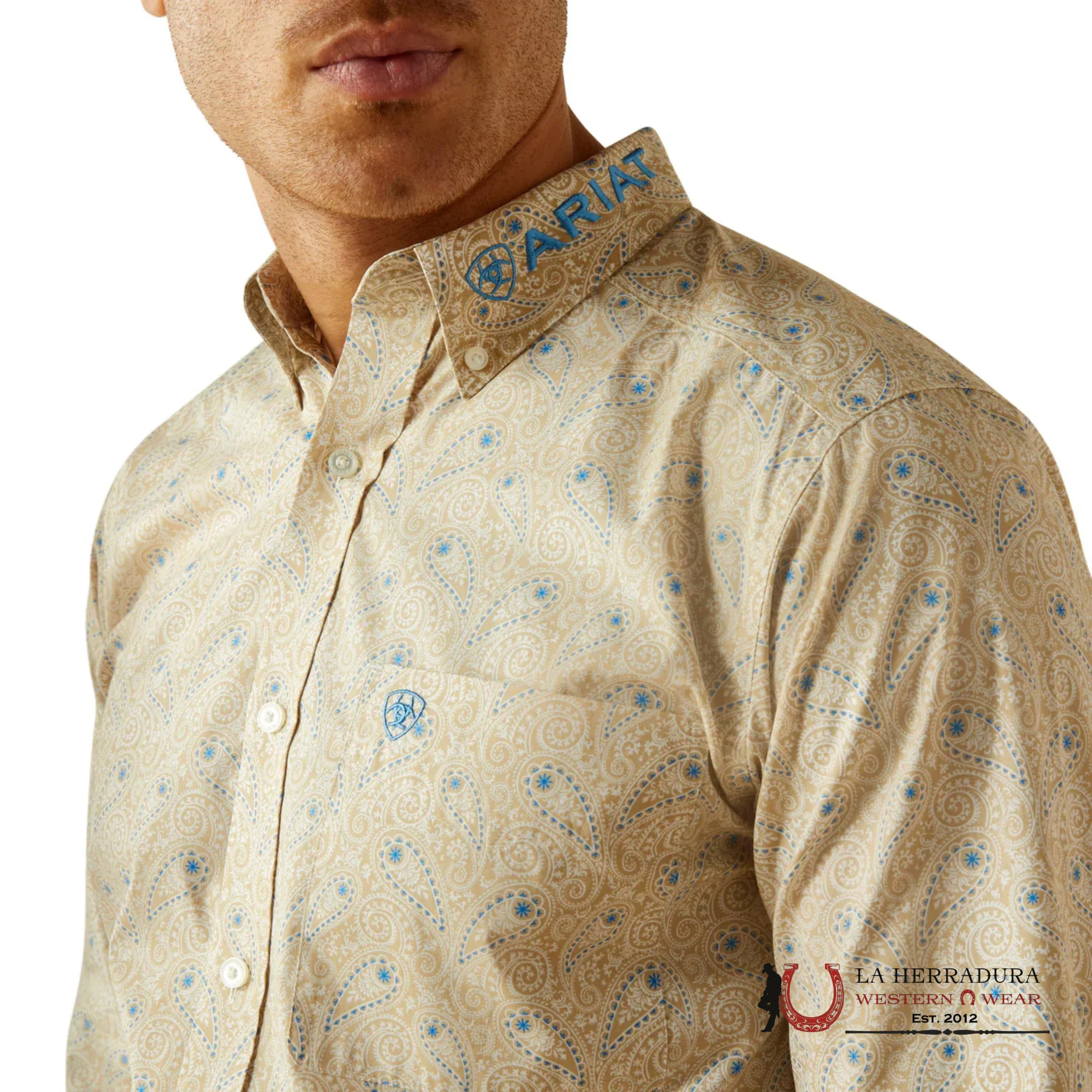 ARIAT MENS Team Alder Khaki Blue Long Sleeve Shirt Western Print - 8978 ROPA HOMBRES