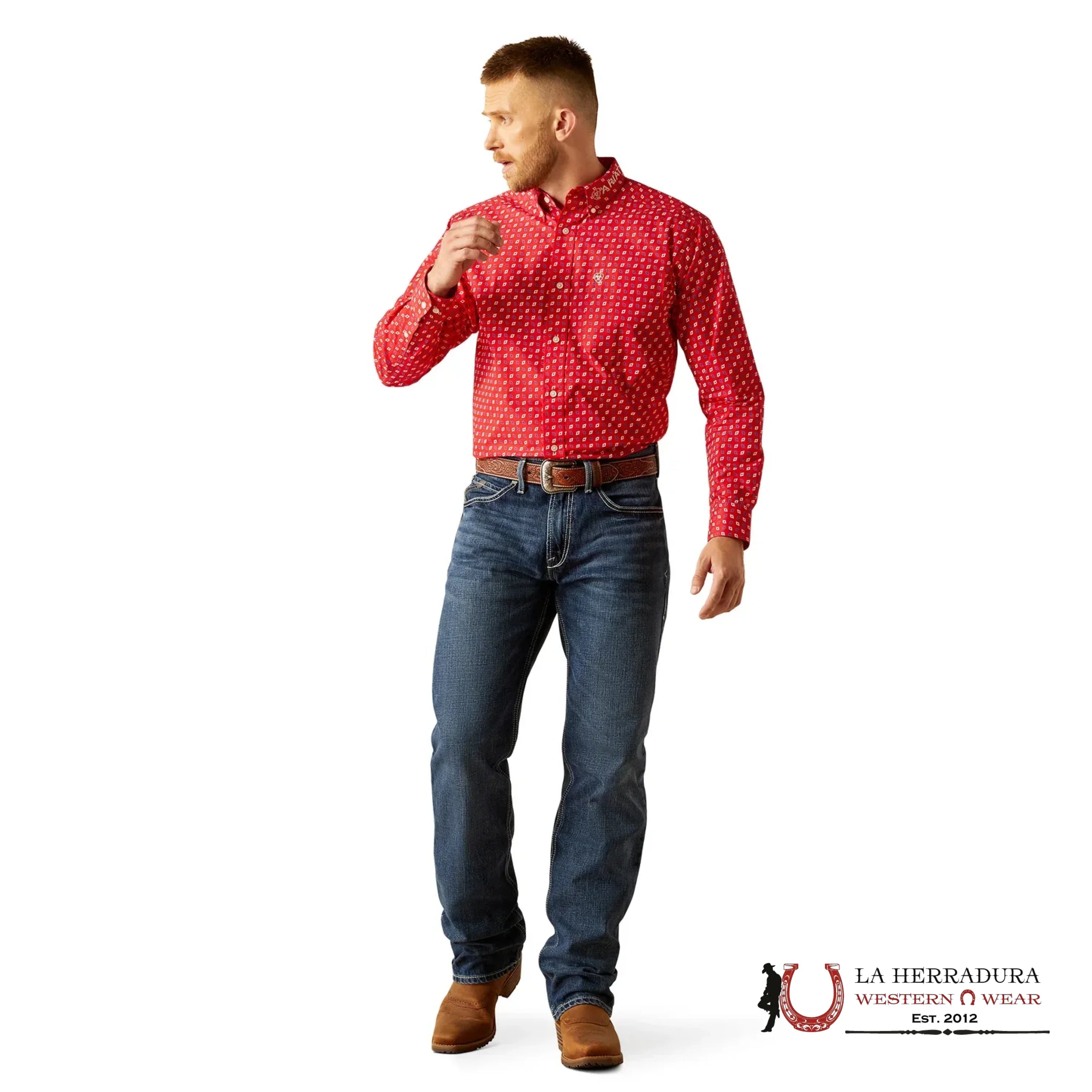 ARIAT MENS Team Fallon Red/Beige Longsleeve Shirt - 8961 ROPA HOMBRES