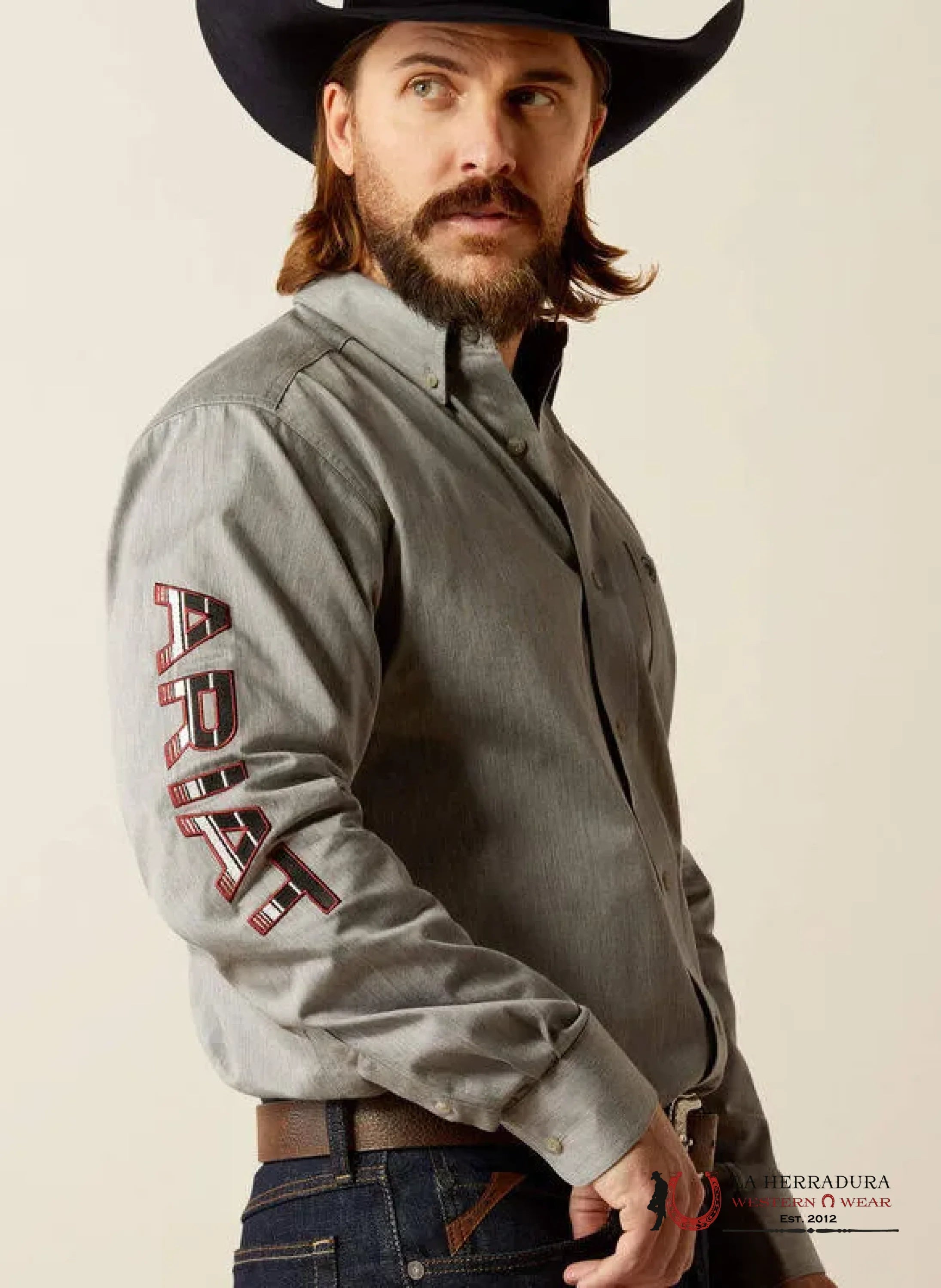 Ariat Team Logo Twill Classic Fit Long Sleeve Shirt Grey/Black - 3953 Ropa Hombres