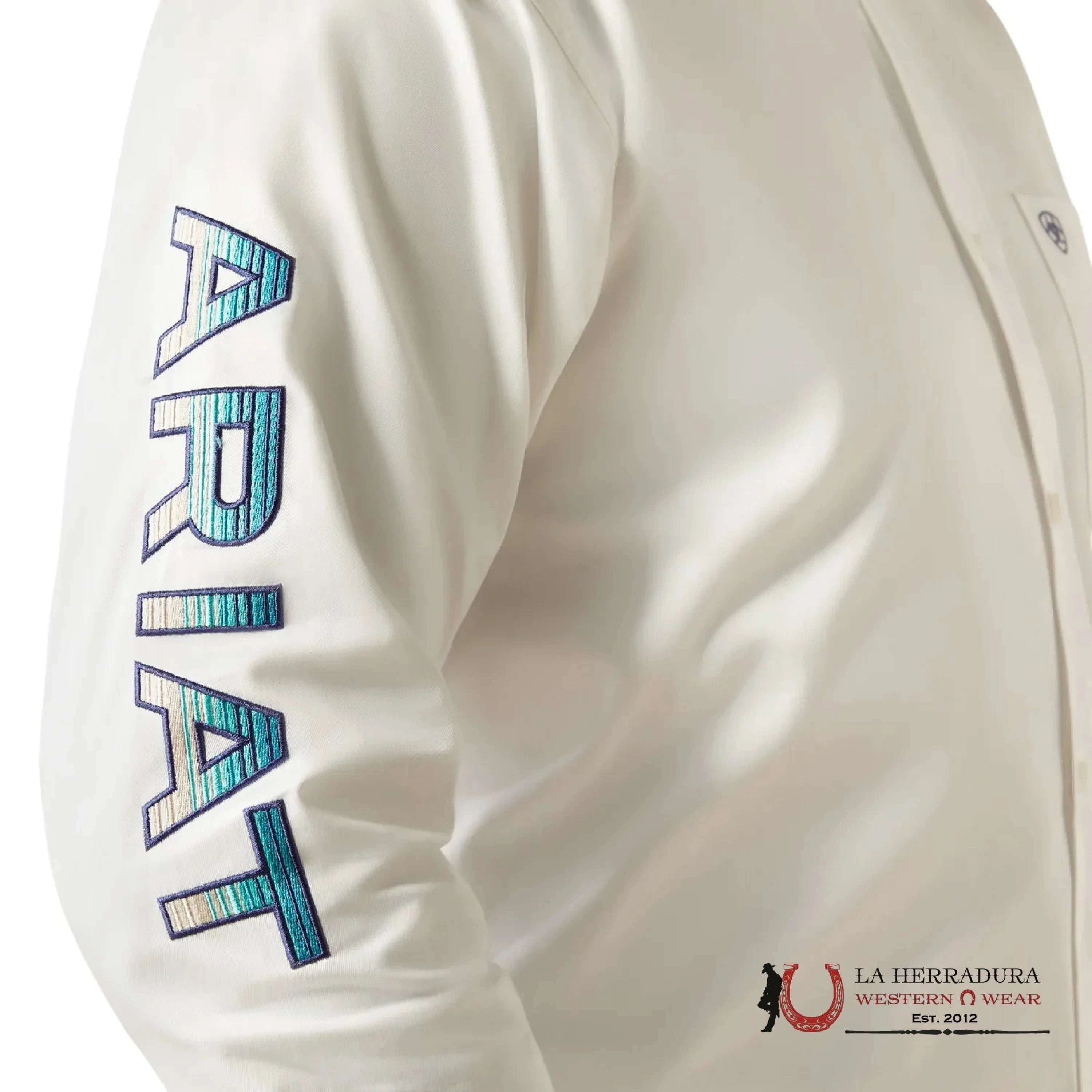 ARIAT MENS Team logo Twill White/Teal Shirt - 9132 ROPA HOMBRES