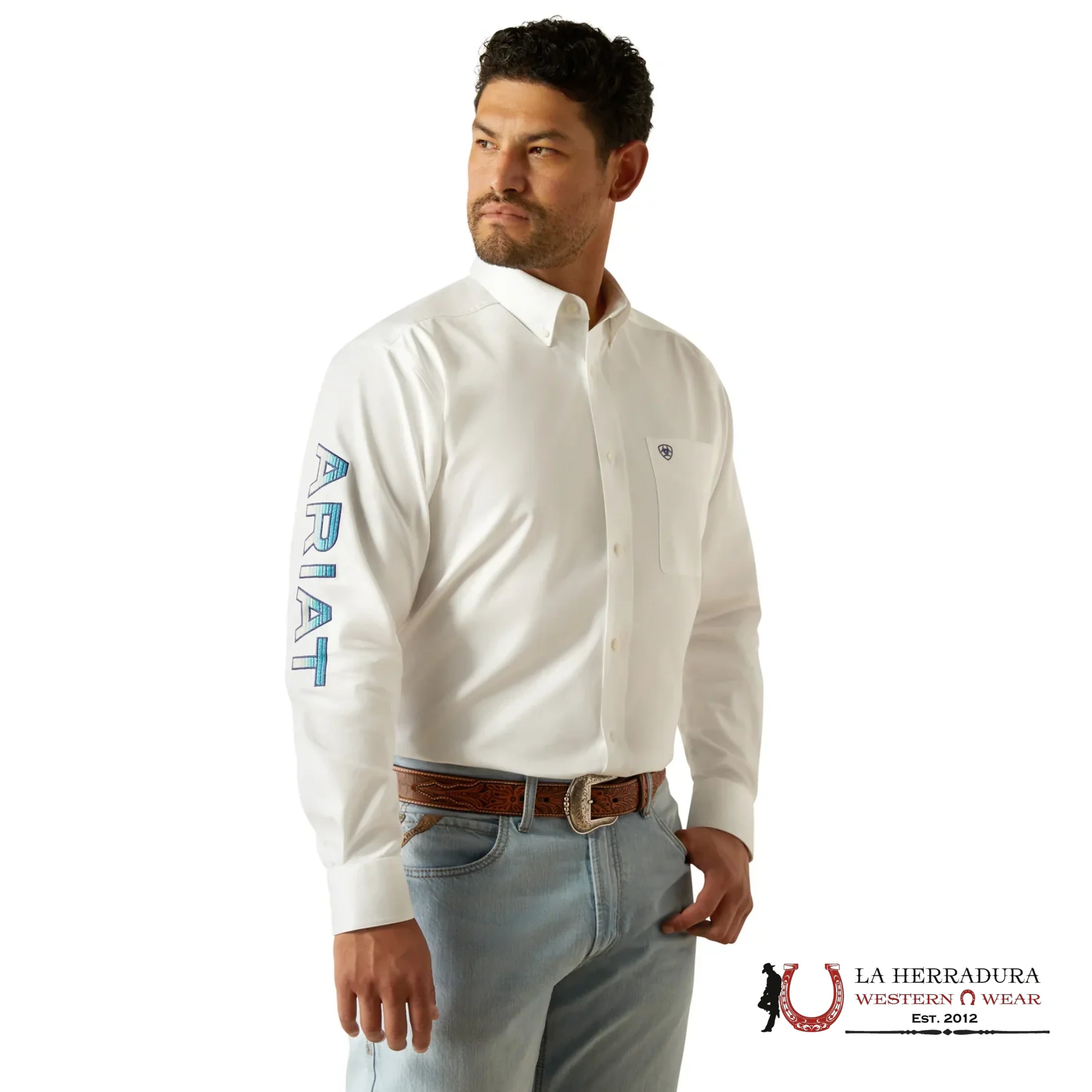 ARIAT MENS Team logo Twill White/Teal Shirt - 9132 ROPA HOMBRES