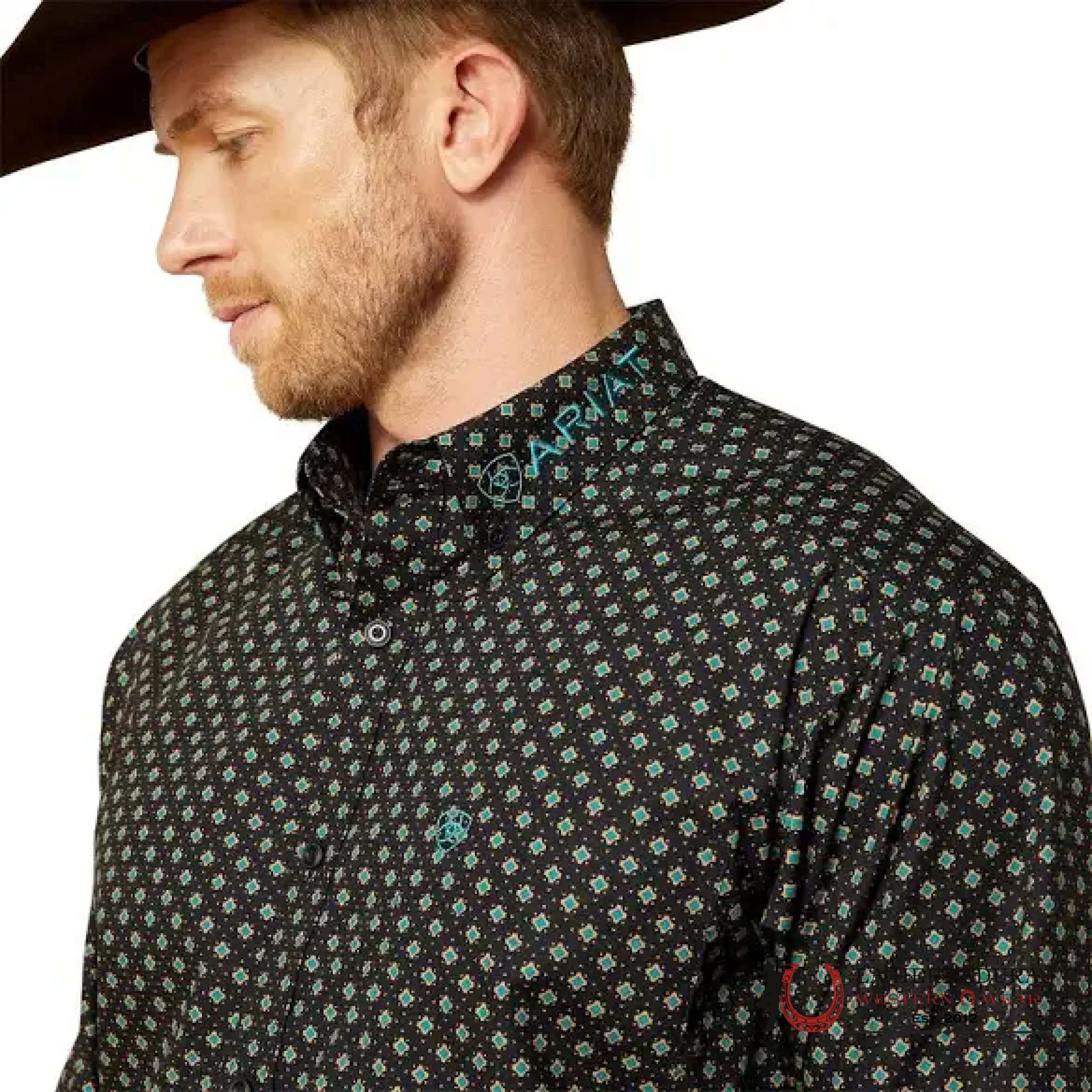 ARIAT MENS TEAM PORTLAND FITTED LS SHIRT BLACK/TEAL 10062253 ROPA HOMBRES