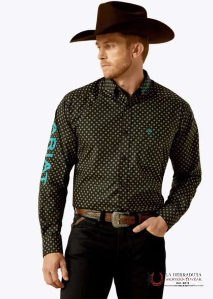 ARIAT MENS TEAM PORTLAND FITTED LS SHIRT BLACK/TEAL 10062253