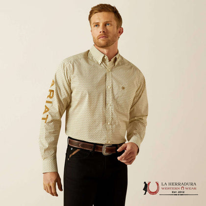 ARIAT MENS TEAM PORTLAND FITTED LS SHIRT CREAM/LIGHT BROWN 10062251