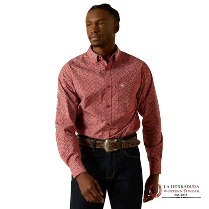 ARIAT MENS TEAM PORTLAND FITTED LS SHIRT RED/BEIGE 10062255