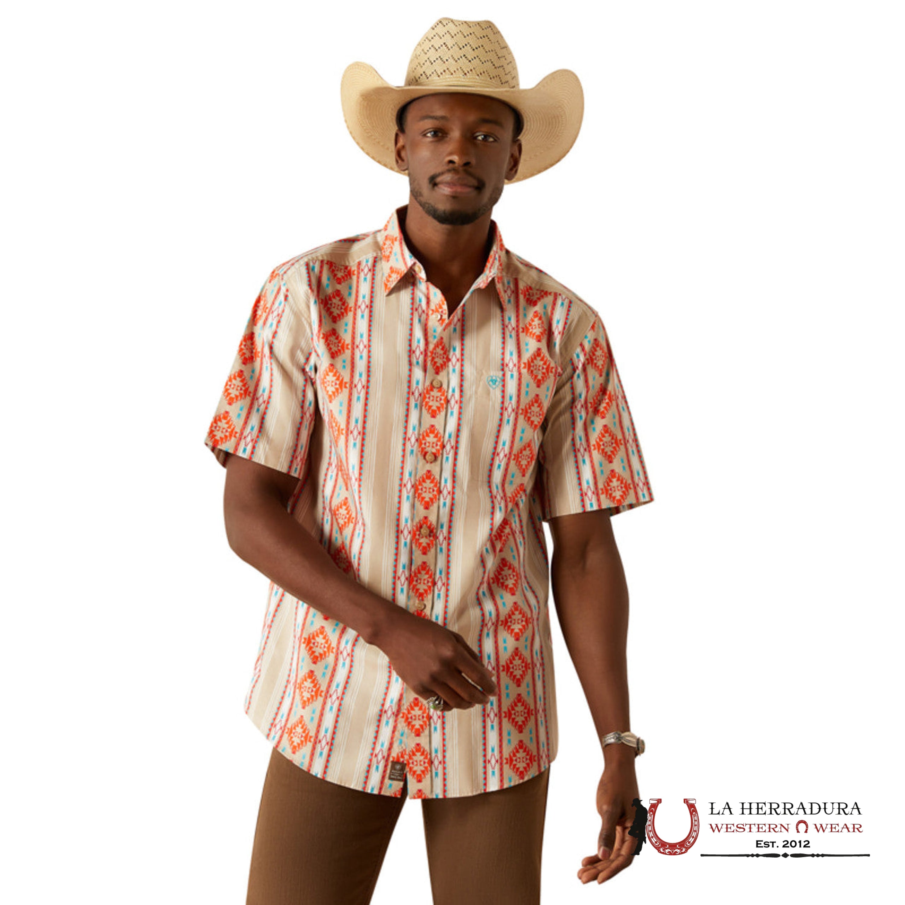 ARIAT MENS Wade Tan Short Sleeve With Multi Color Aztec Print Shirt - 8751 ROPA HOMBRES