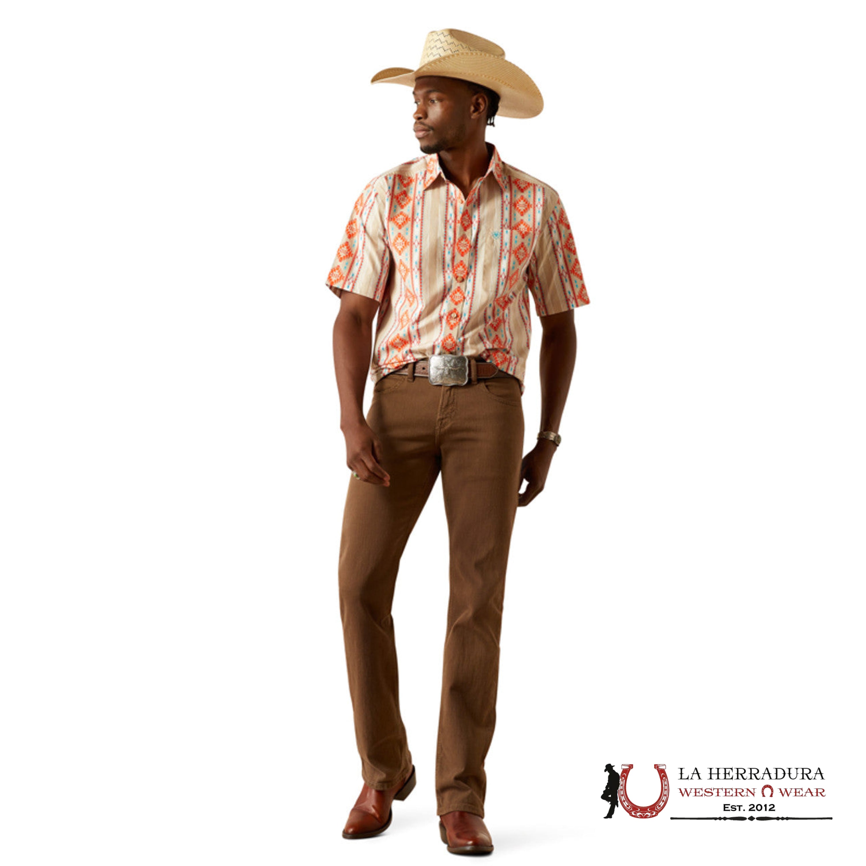 ARIAT MENS Wade Tan Short Sleeve With Multi Color Aztec Print Shirt - 8751 ROPA HOMBRES