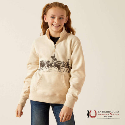 Sudadera de cuello medio con cremallera Ariat para niñas, color avena jaspeado - 10052653