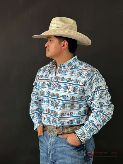 ARIAT SHIRT CLASSIC GARITH SNAP WHITE AZTEC BLUE -10046577