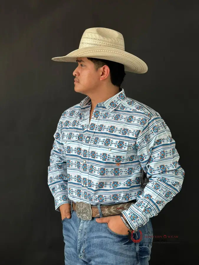 Ariat Shirt Classic Garith Snap White Aztec Blue Ropa Hombres