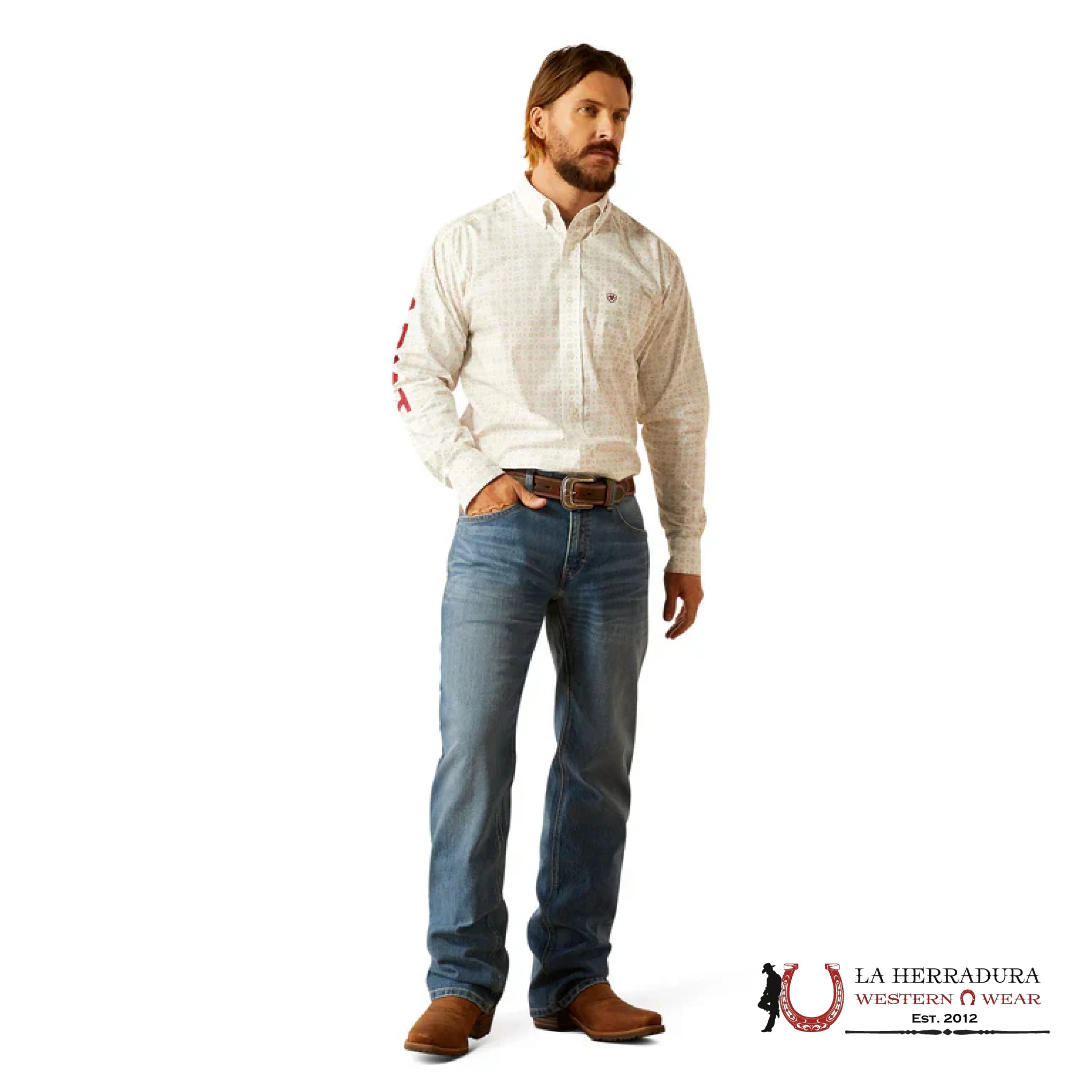 ARIAT TEAM KING LONG SLEEVE SHIRT WHITE/BRICK - 4639 ROPA HOMBRES