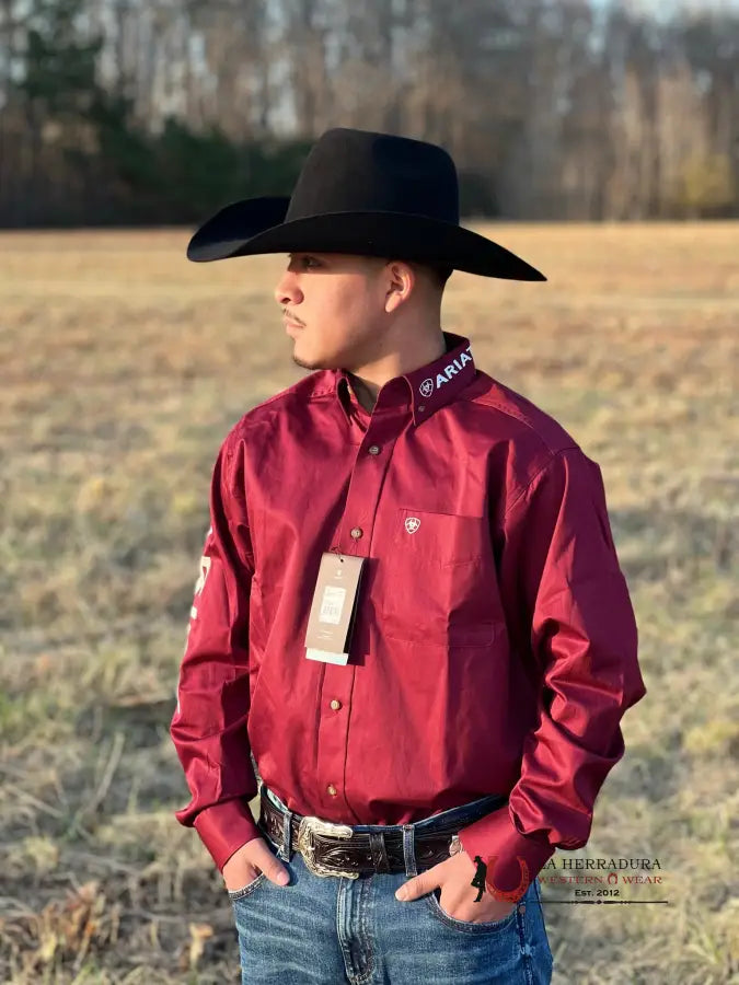 Ariat Team Logo Twill Burgundy Long Sleeve Shirt Ropa Hombres