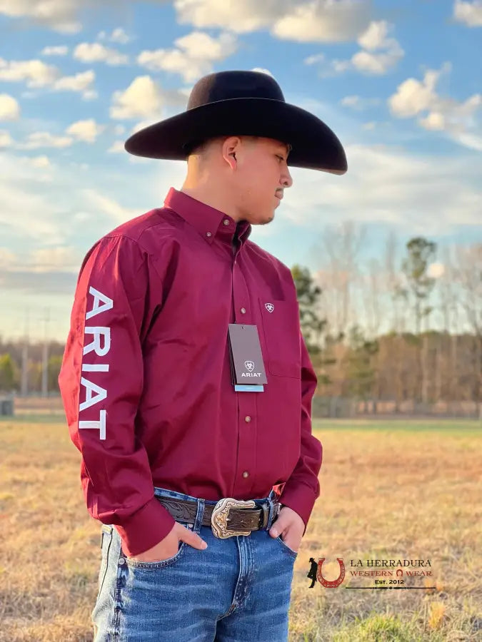 Ariat Team Logo Twill Burgundy Long Sleeve Shirt Ropa Hombres