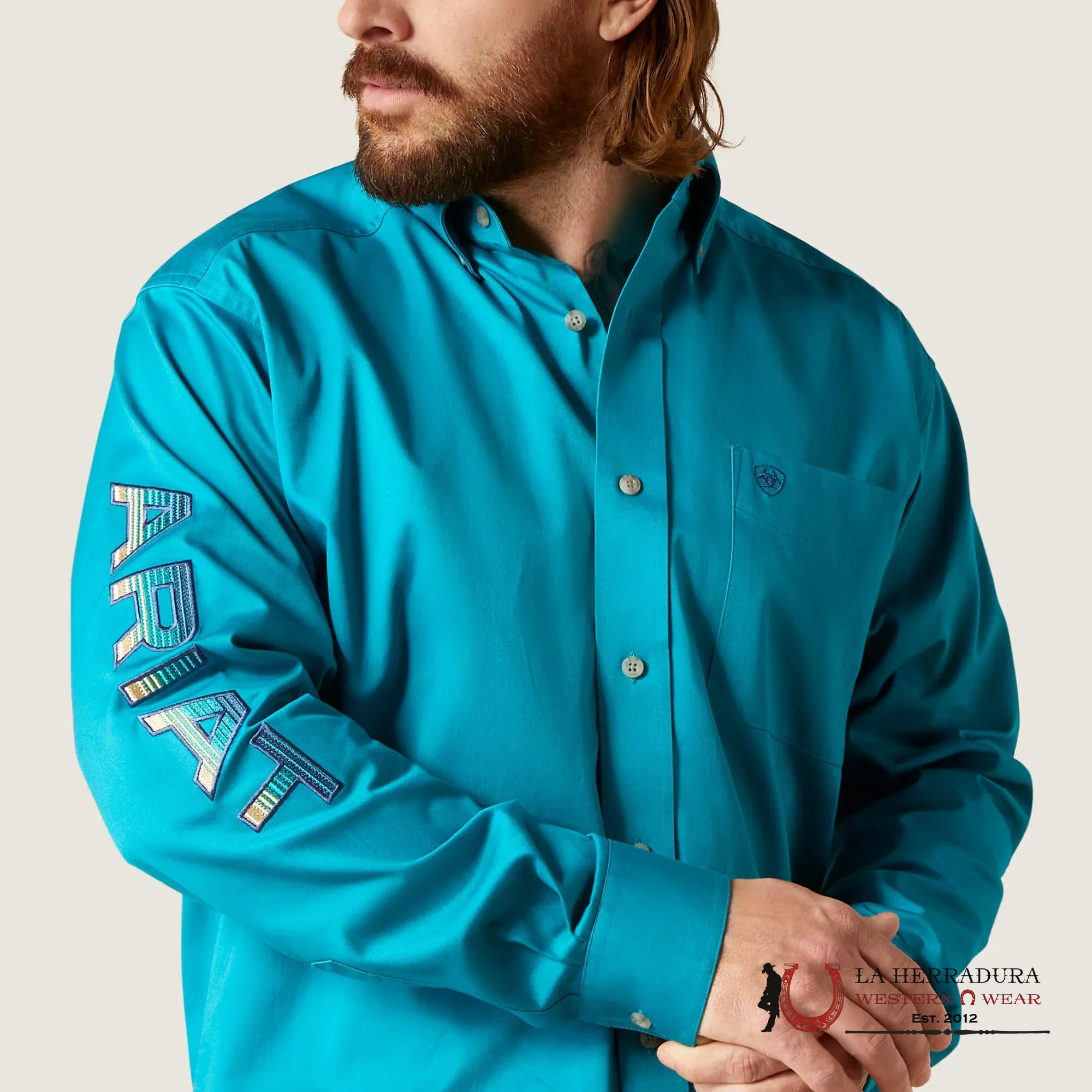 ARIAT TEAM LOGO TWILL CLASSIC LONG SLEEVE AHIRT ENAMEL BLUE CLASSIC FIT - 6720 ROPA HOMBRES